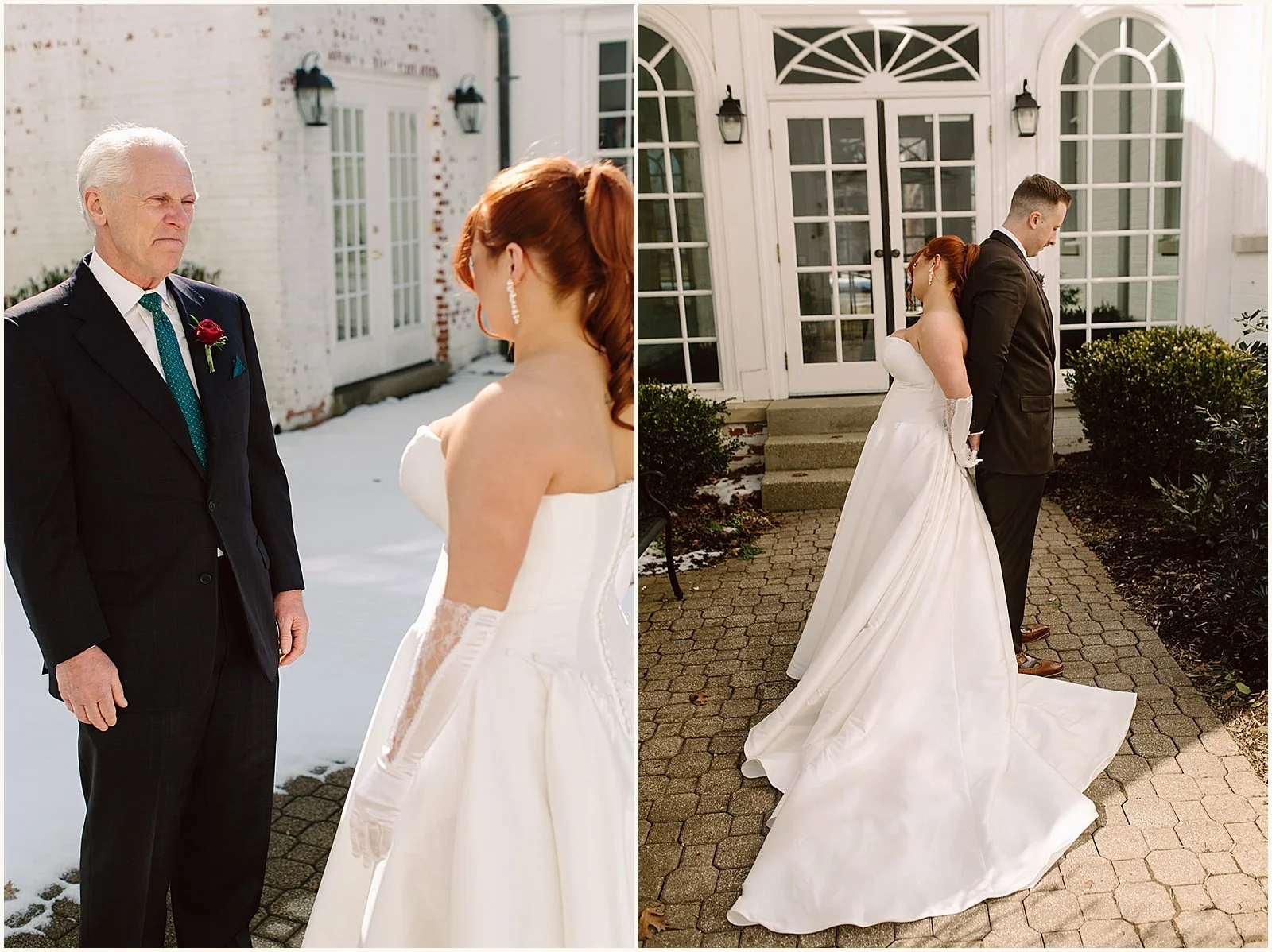 A bride and groom stand back to back holding hands before their first look.