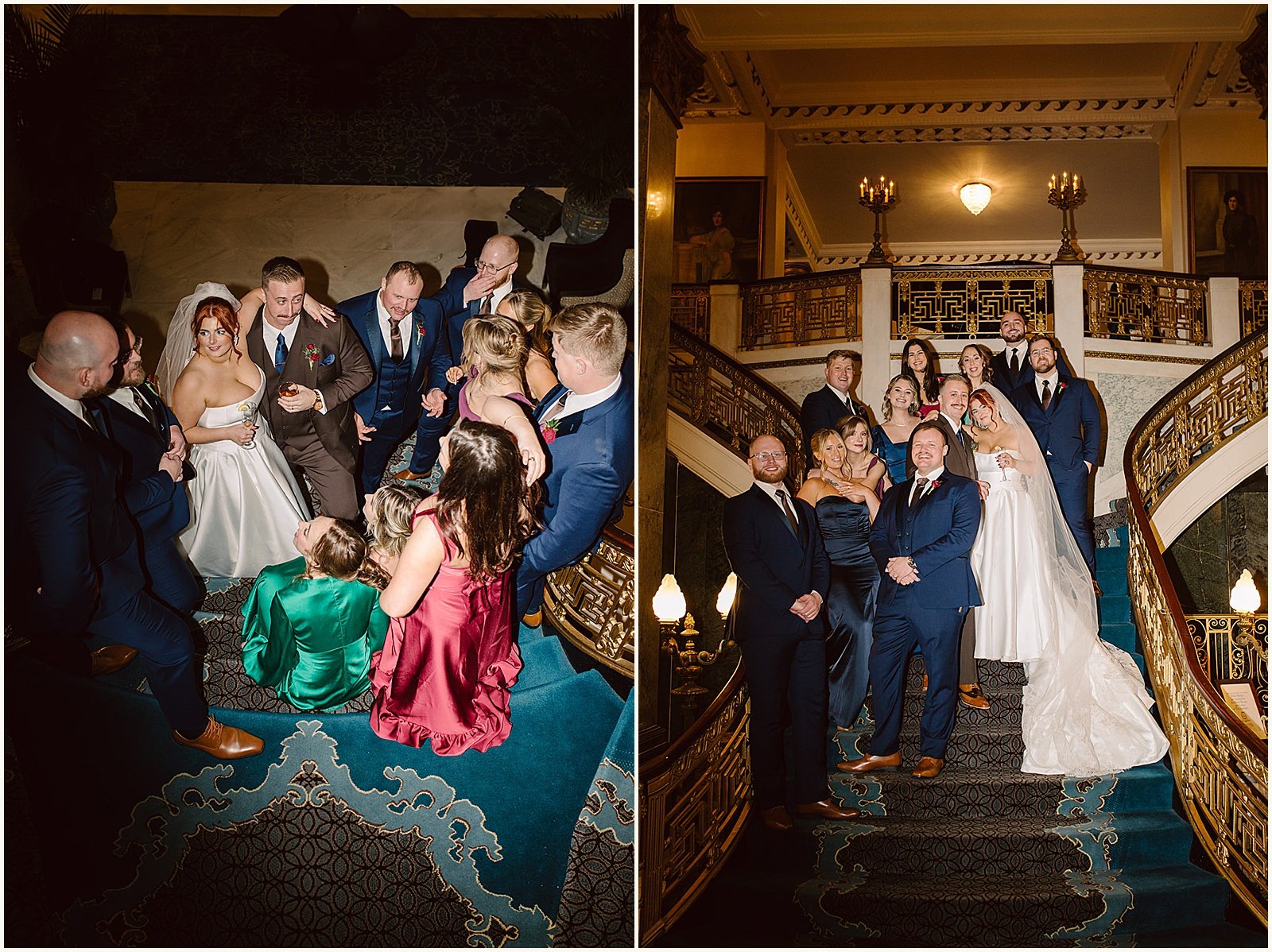 A bride and groom pose with family members in the lobby of the Seelbach Hotel.