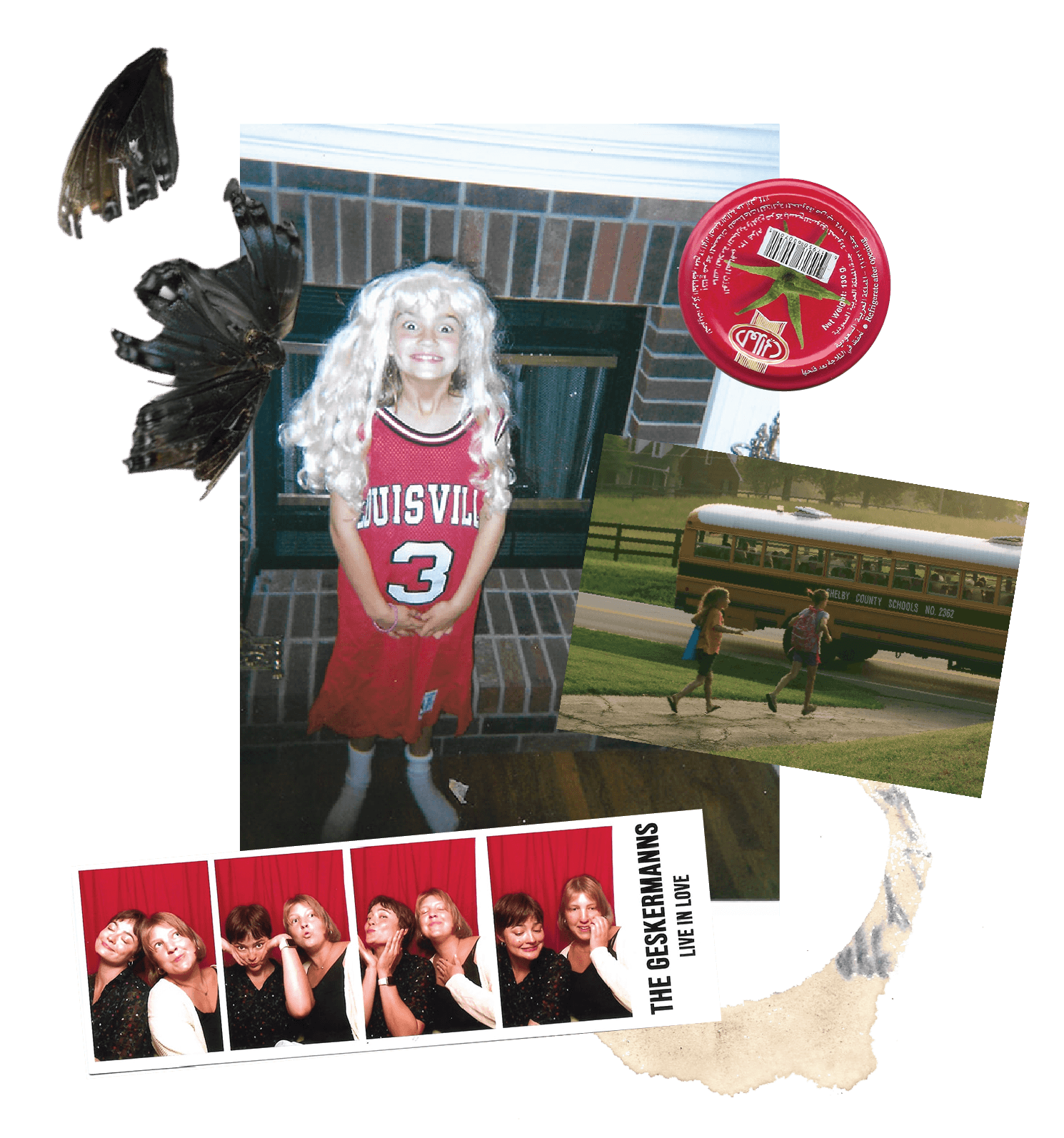 Collage of various personal photos, including a girl with long curly blonde hair wearing a red Louisville basketball jersey, two children walking near a school bus, a strip of five photos of a woman posing playfully, a large butterfly, a red sticker or coaster, and a torn piece of paper or fabric background.