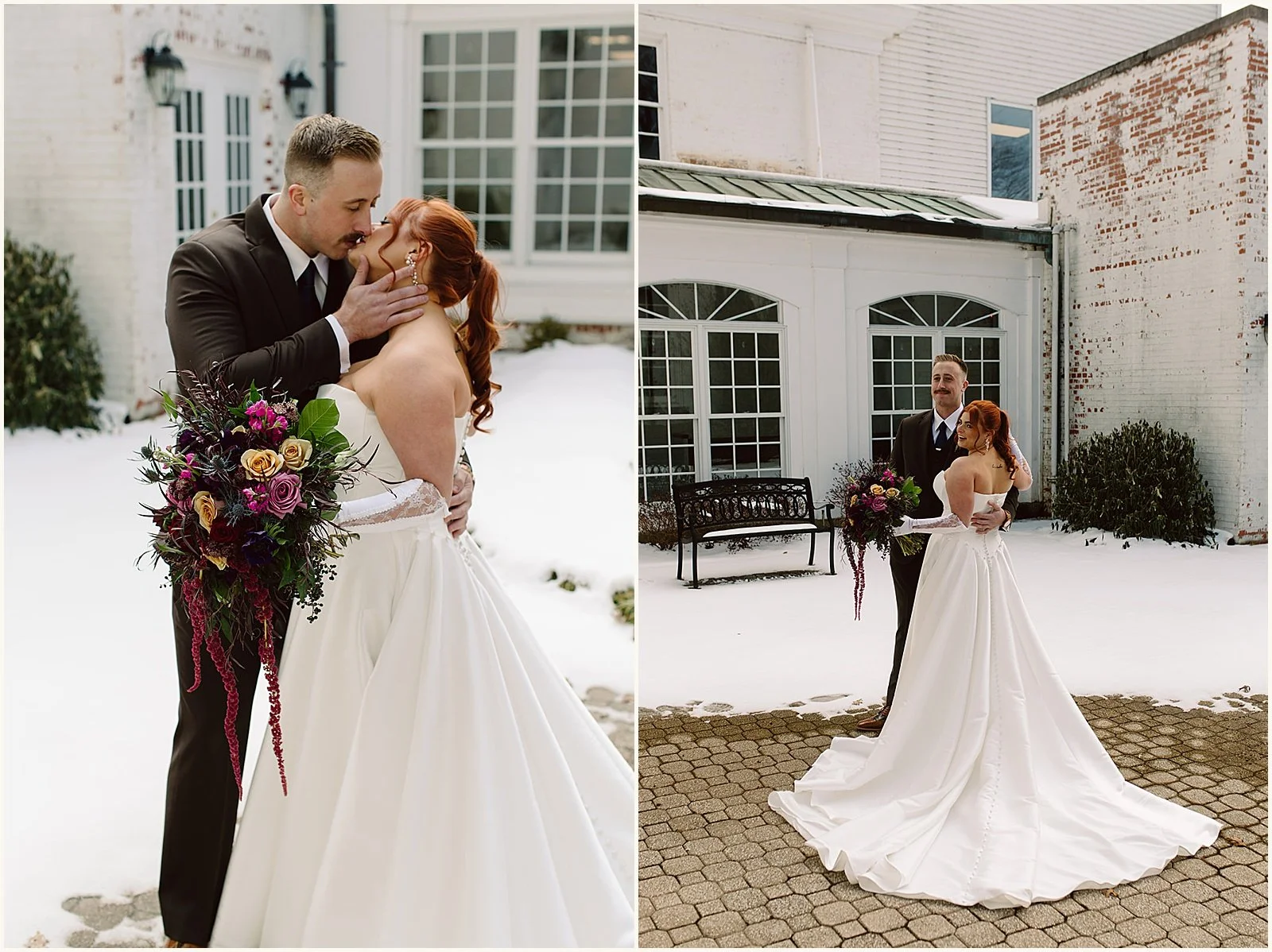 A bride and groom kiss in a snowy courtyard at a winter wedding in Louisville.
