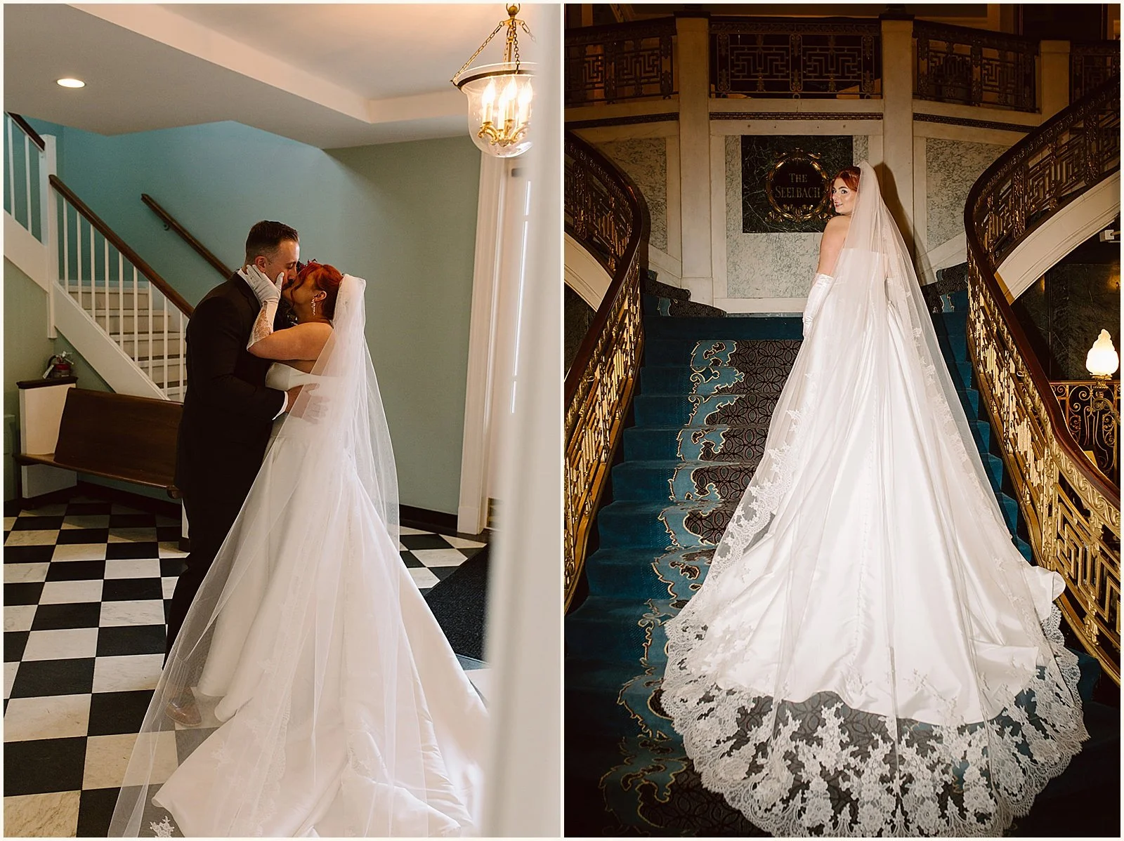 A bride in a lace veil poses for an editorial wedding photo on the steps of the Seelbach Hotel.
