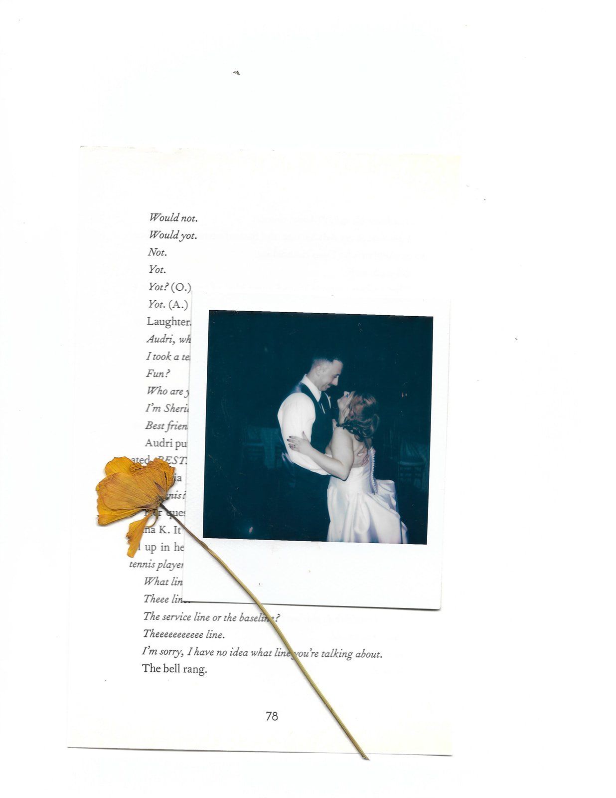 A vintage wedding photo of a couple dancing, with a dried yellow flower placed on a page of printed text and a small part of the number 78 at the bottom.