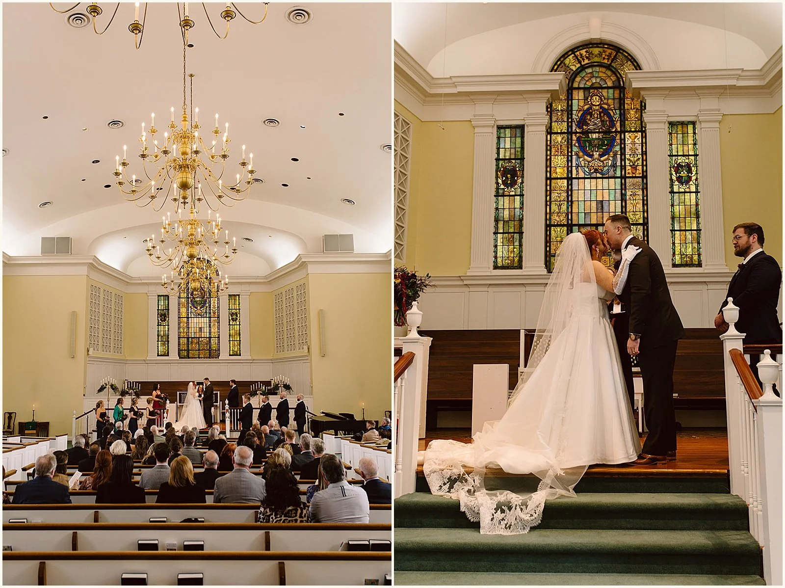 A bride and groom kiss in front of a stained glass window.