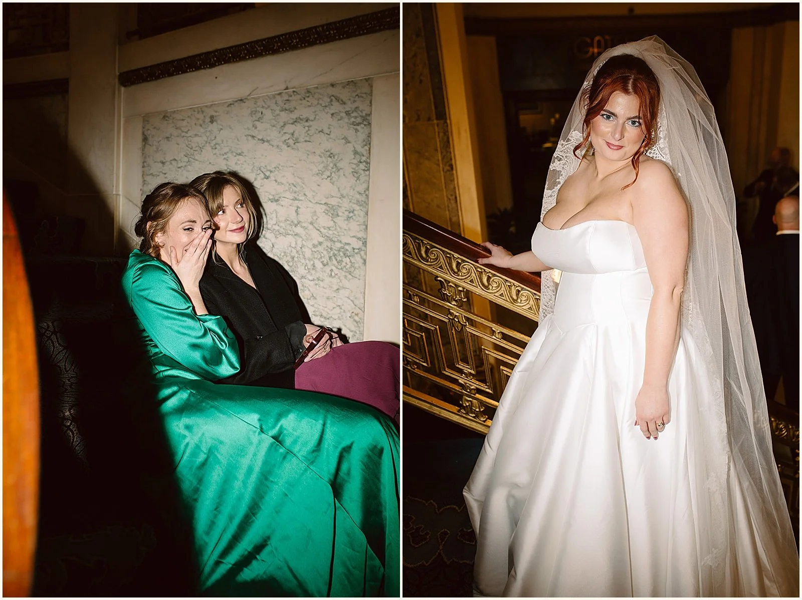 Wedding guests sit on the stairs in the Seelbach Hotel watching a bride pose.