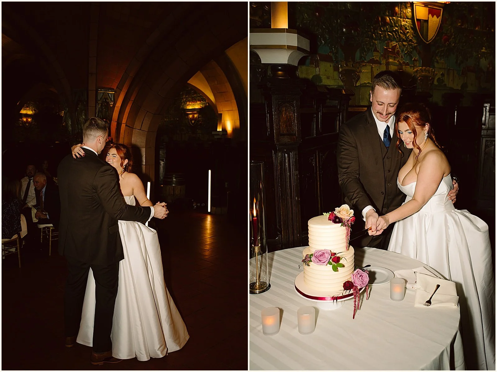 A bride and groom cut a tiered wedding cake in the Rathskeller Room at the Seelbach Hotel.