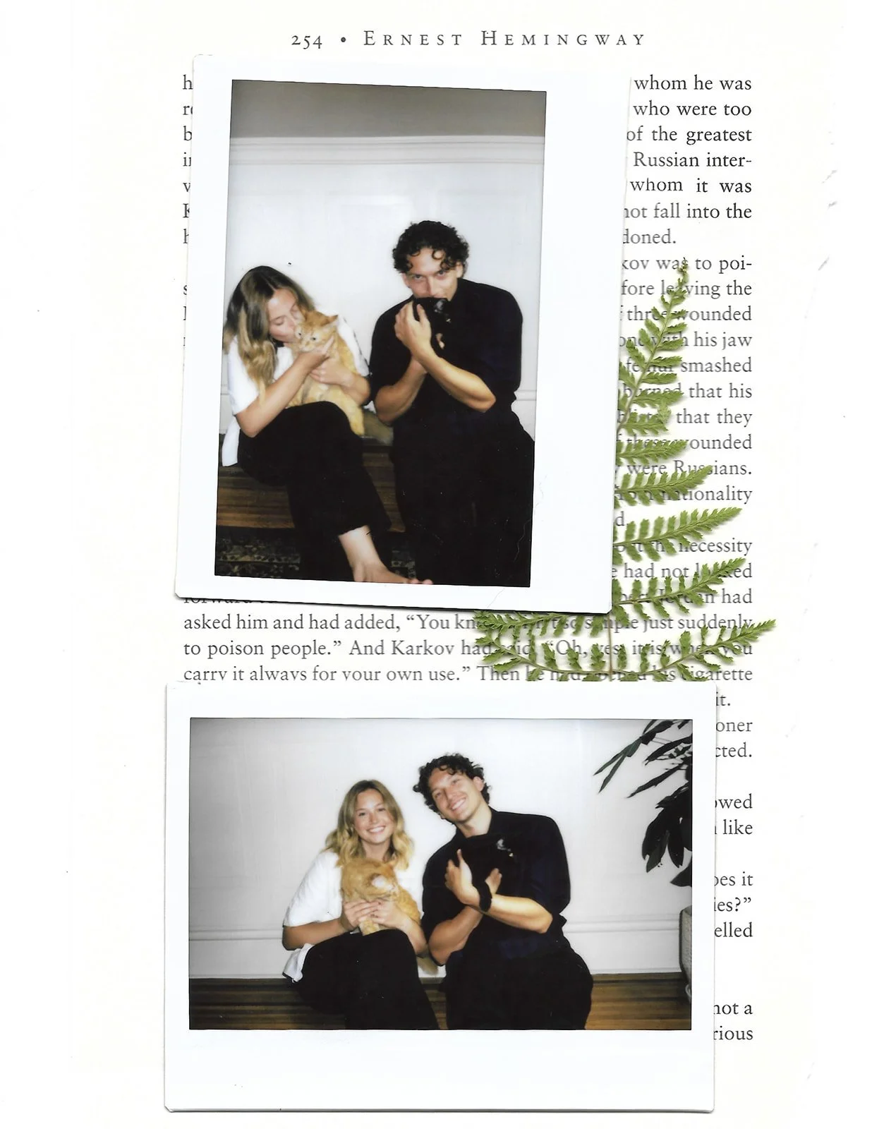 Photographs of a young woman and a young man holding cats, placed on a page of a book with a fern leaf. The woman has blonde hair and is wearing a white shirt, while the man has dark curly hair and is wearing a black shirt. The top photo shows them with a ginger cat, and the bottom photo shows them with a black cat.