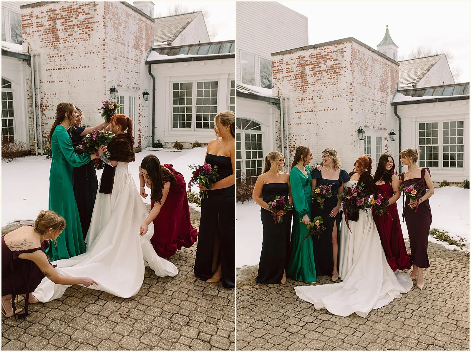 Bridesmaids in red and green dresses help a bride arrange her train for portraits outside a Louisville wedding venue.