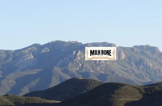 Mock up of Milk Bone Dog Treat logo displayed on face of peak looking towards Newbury Park.