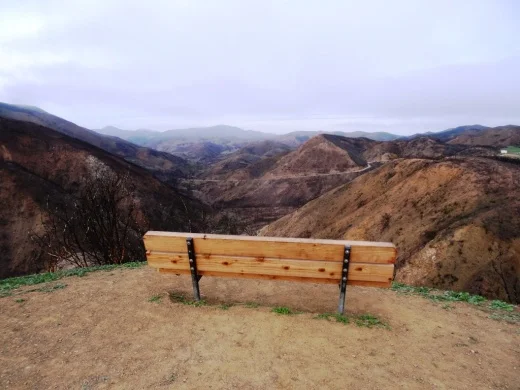 The popular bench at Upper Sycamore Canyon Overlook. Photo taken April 4, 2014, approximately 11 months after the devasting Springs Fire of 2013.