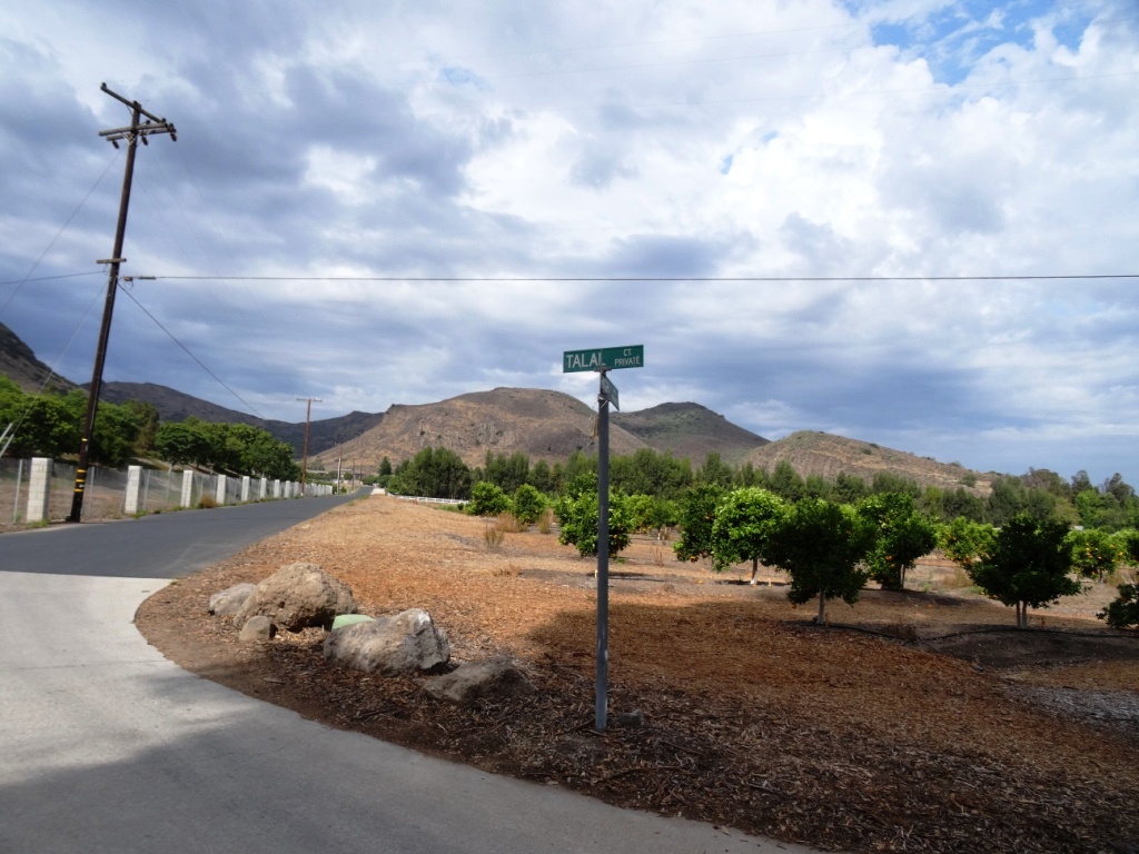 The trail ends at the juncture of Talal Ct (private) and Rocky High Road.