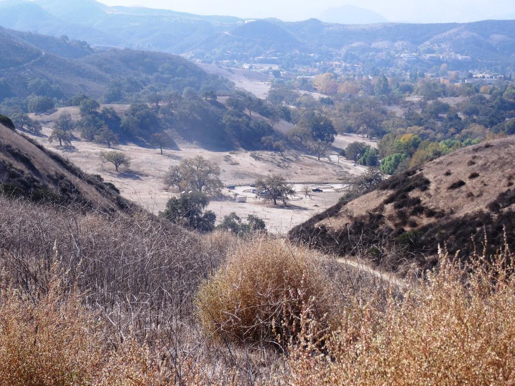 View of the Cheeseboro Canyon trailhead and parking are from the Modelo Spur Trail.