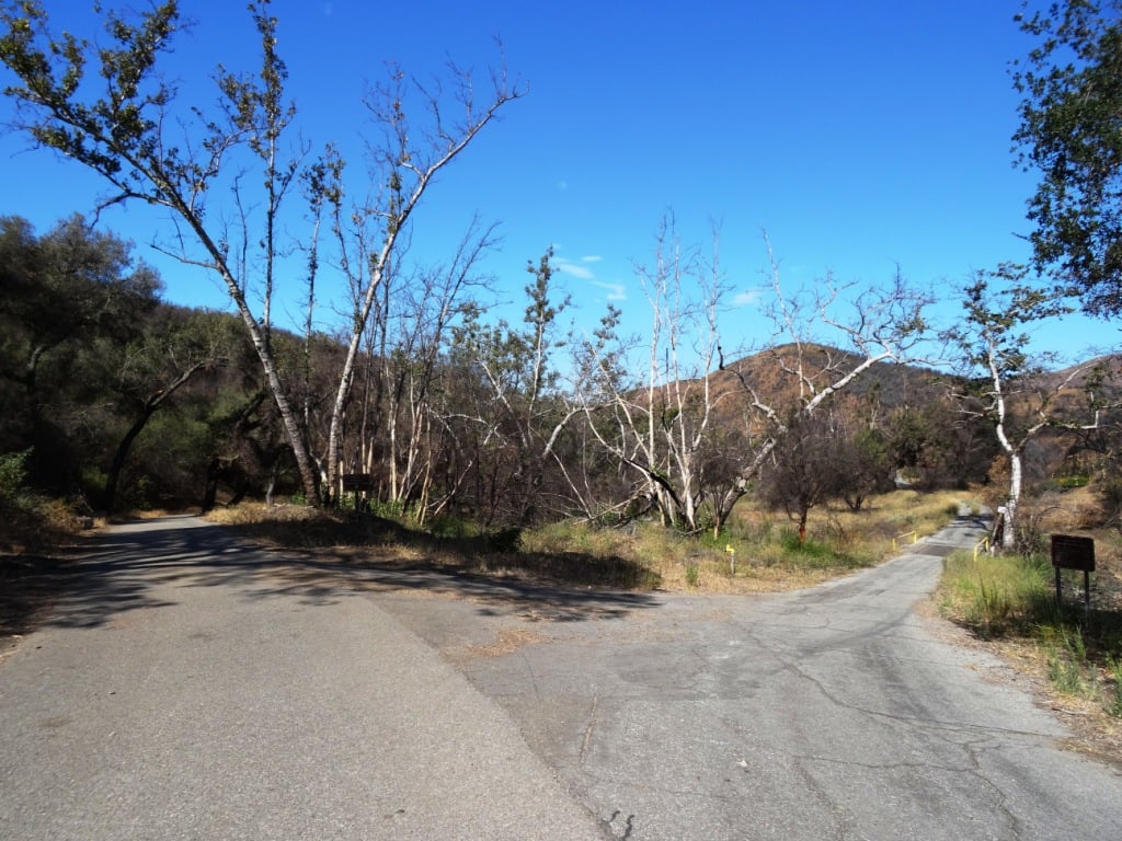 Juncture of Big Sycamore Canyon Road (left) and Ranch Center Road (right).