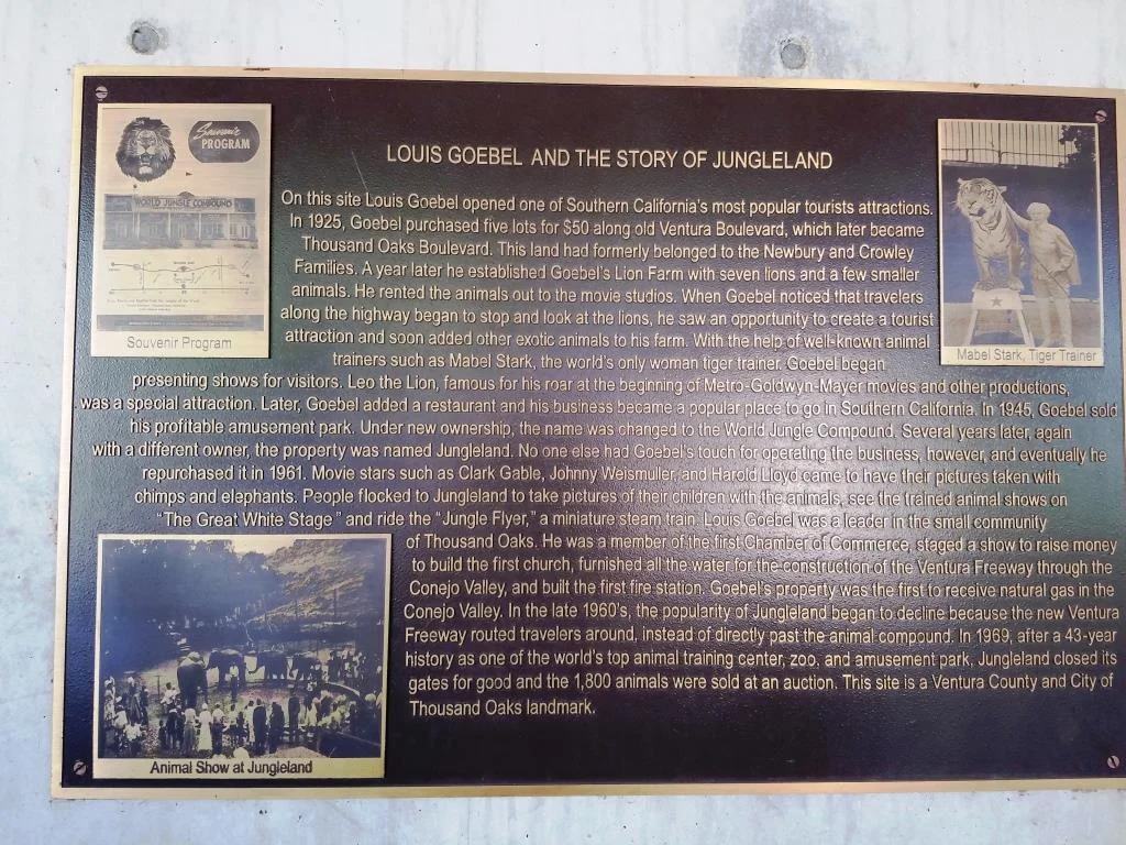 Louis Goebel and Jungleland plaque outside the Civic Arts Plaza.