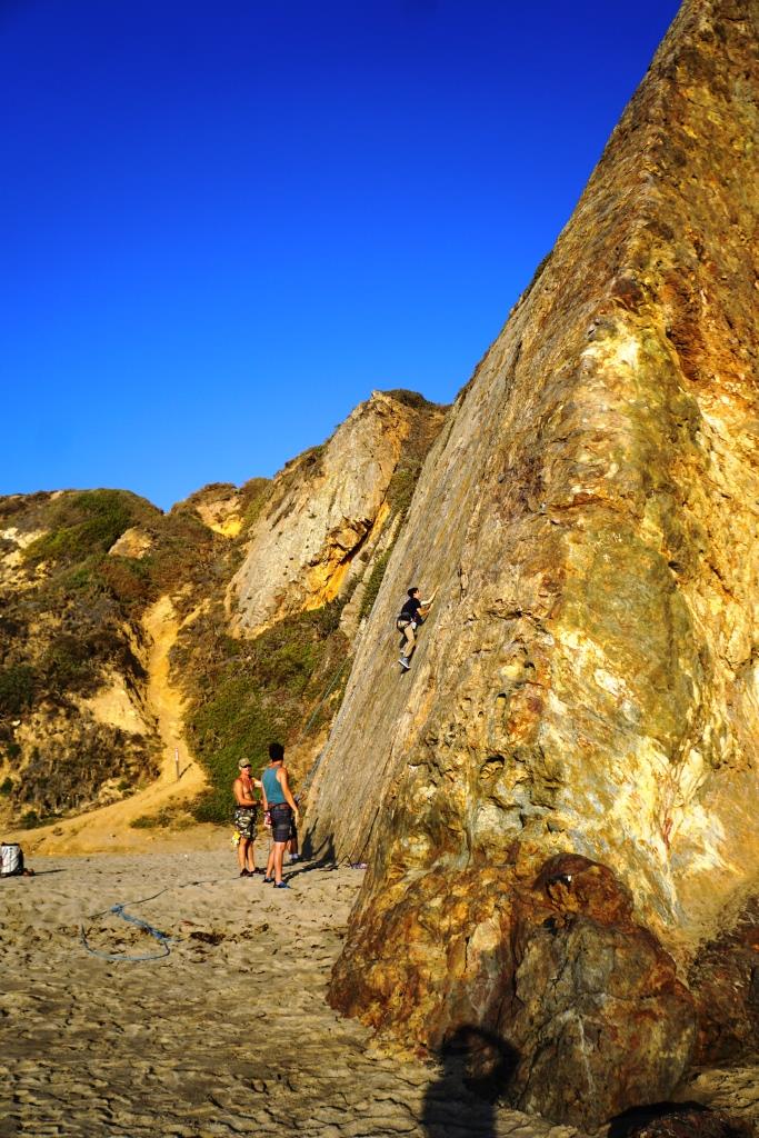 Not for the inexperienced...rock climbing at Westward Beach in Malibu.