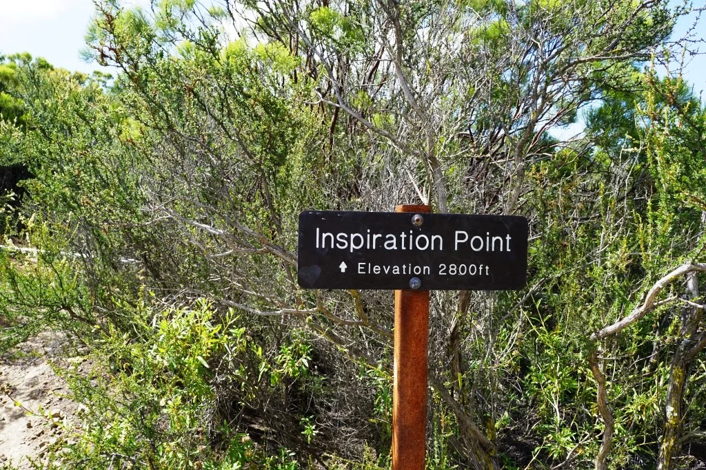 Sign on the Backbone Trail towards Tri Peaks signifying you are at the Inspiration Point spur trail. Sign indicates 2,800 ft elevation though I've read it is actually 2,766 ft. Close enough.