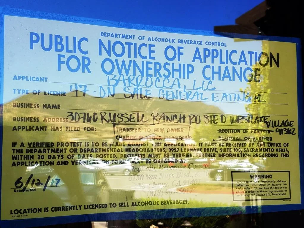 Sign indicated applicant, Barrocca, LLC, has filed for a transfer of liquor license.