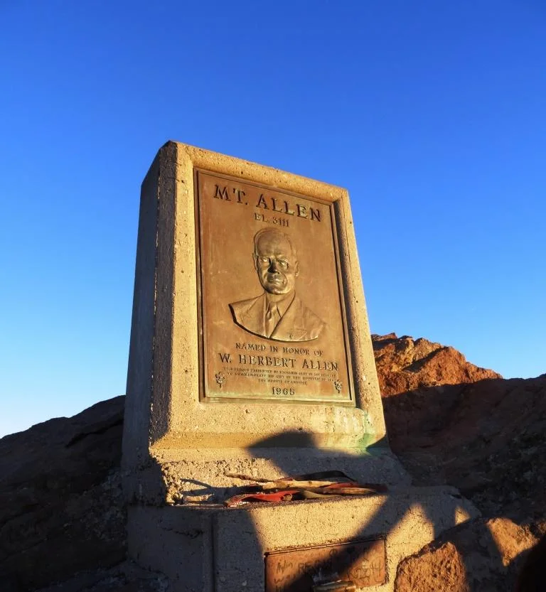 The unofficial name bestowed on Sandstone Peak by the Boy Scouts is "Mt Allen," named in honor of W. Herbert Allen to commemorate his gift of this mountain to the Boys Scouts of America in 1965.