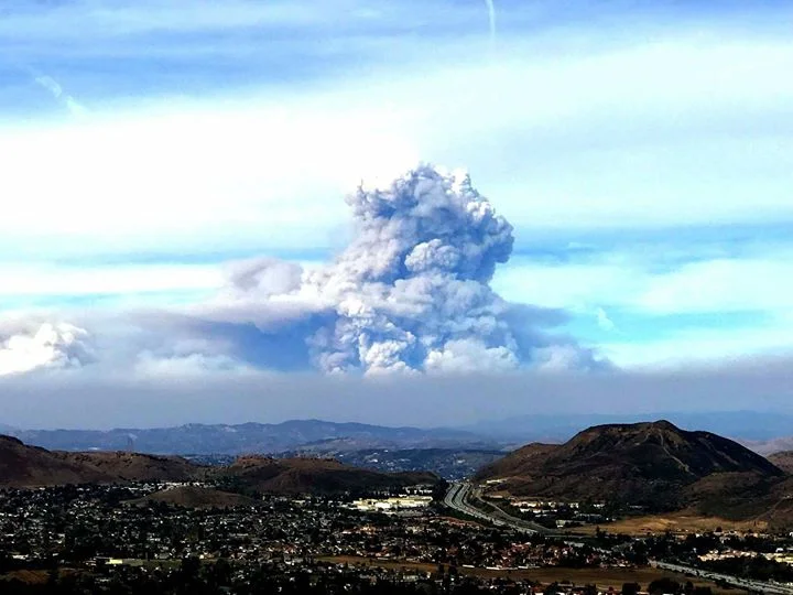 View of the smoke plume coming from the Thomas Fire, as seen from the hills of the Conejo Valley today, Sunday, December 10th (Photo Credit: L. David Irete).