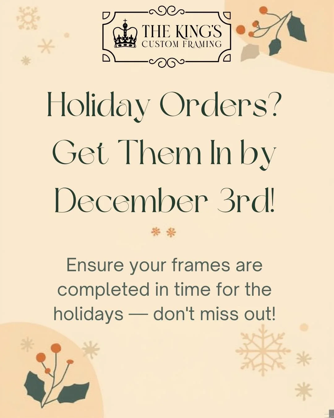 Holiday ordering deadline is 3 December for custom orders.  Additional options may be available after depending on stock on hand.  #thekingscustomframing #custompictureframing #smallbusinesses #veteranowned #pinehurst #pinehurstliving #moorecountync