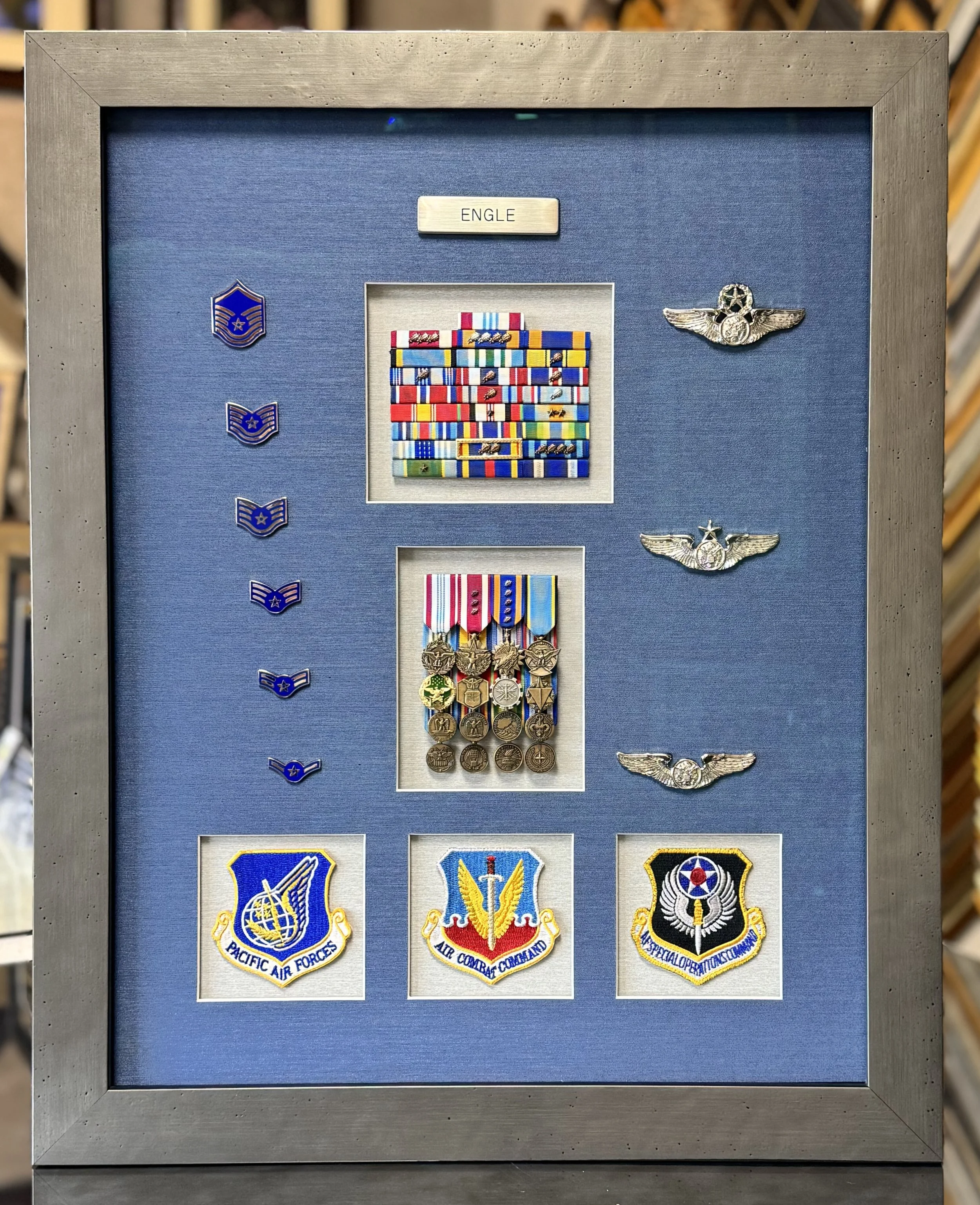 Military Shadowbox with Medals, Patches, Rank, and Badges