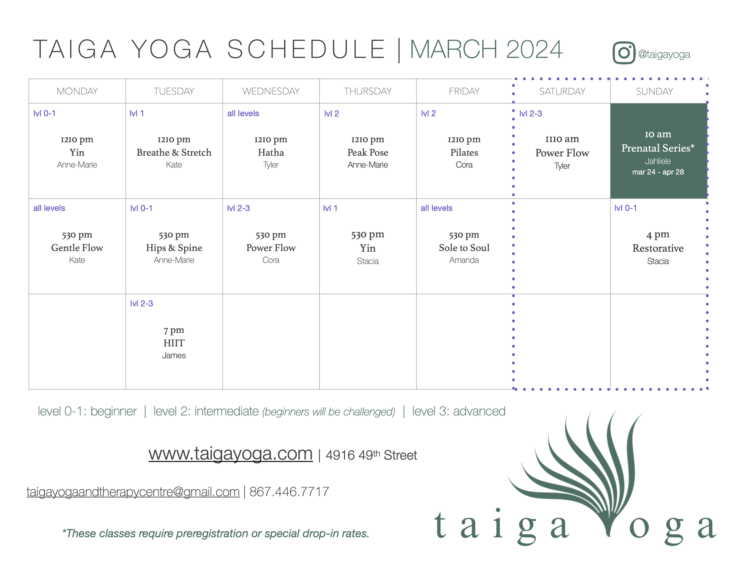 Schedule — Taiga Yoga and Therapy Centre