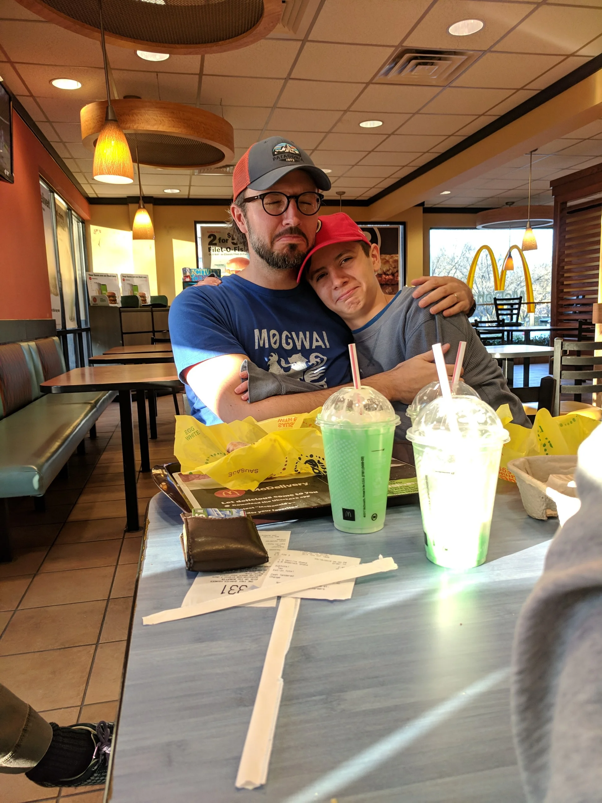 Sometimes guys have to stick together. Like after you waste your money on nappy McDonald’s shamrock shakes. (Reston, Virginia; Mar 2019)