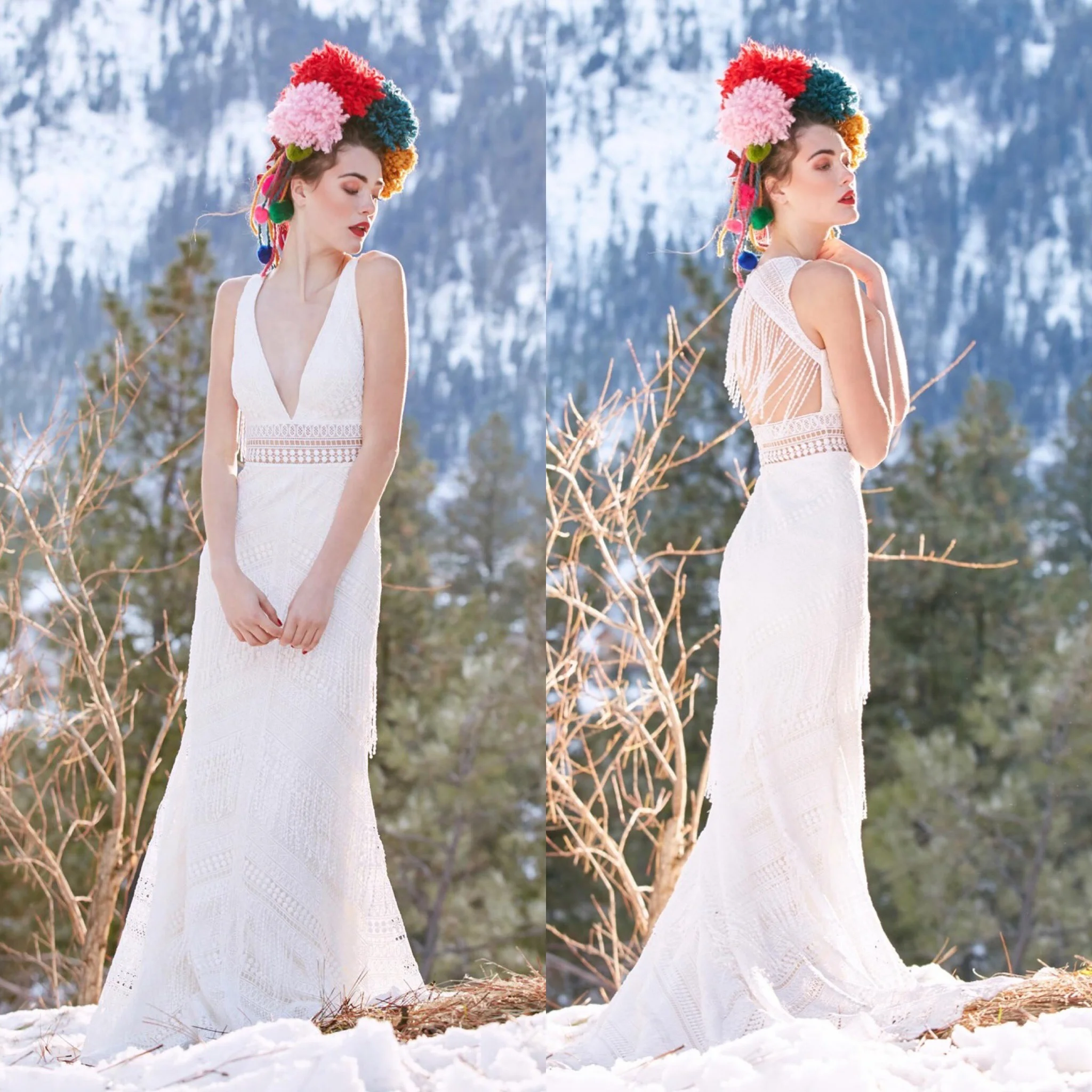 This gown features a TON of fringe, a gorgeous lace-detailed sheer slit under the bodice, and a super fun open back with more fringe!!! We also love the deep-V in the front… it adds a little bit of sass to this gown!