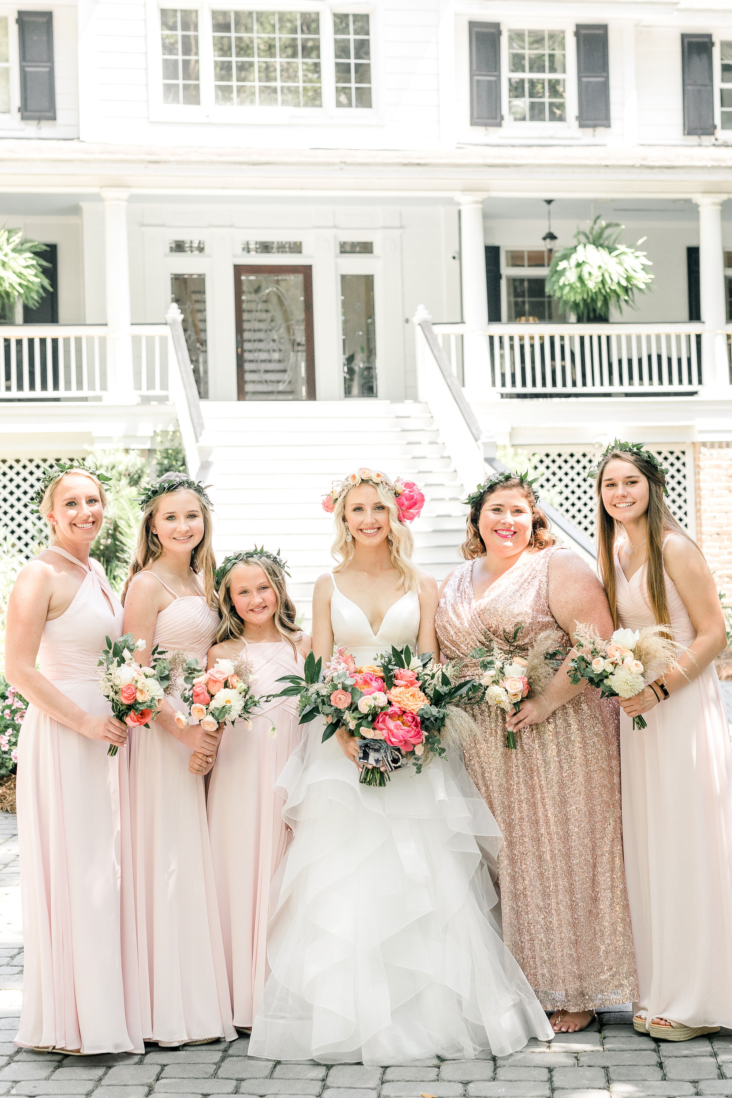 bridal-party-mackey-house-wedding-pink-bridesmaids-blush-dresses-mackey-house-wedding-savannah-wedding-bridal-party-pink-flowers-coral-and-green-bouquets.jpg