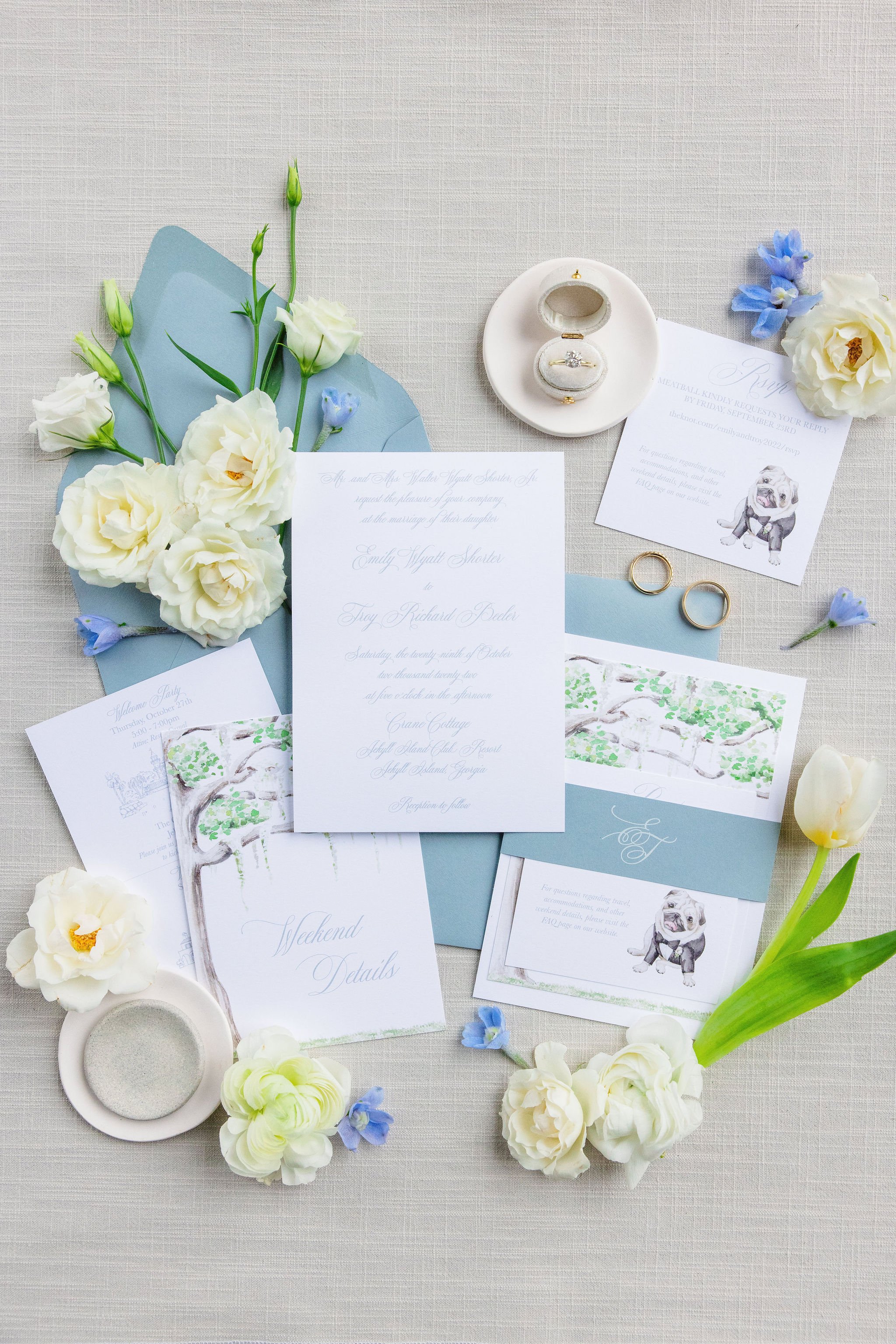 wedding invitation flat lay with florals