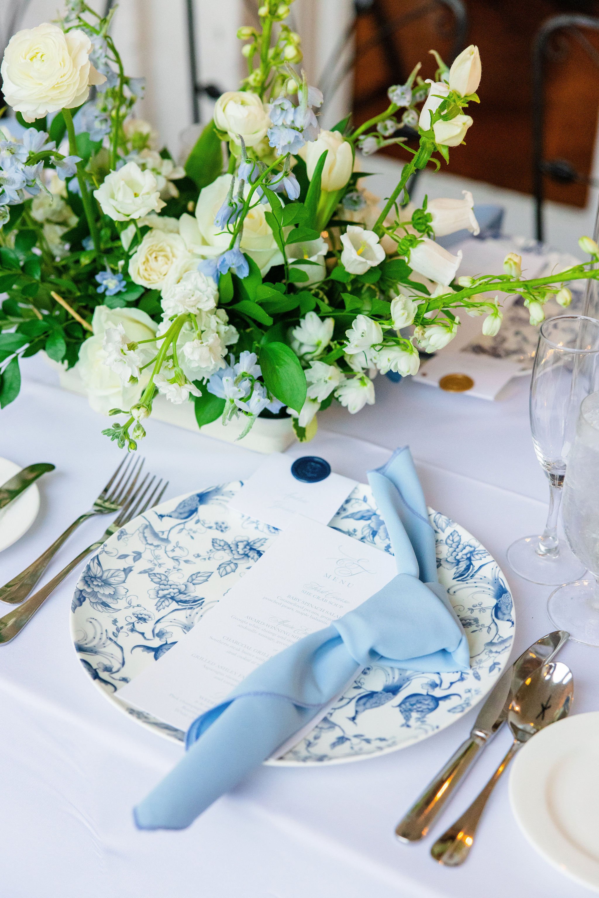 blue wedding reception tablescape