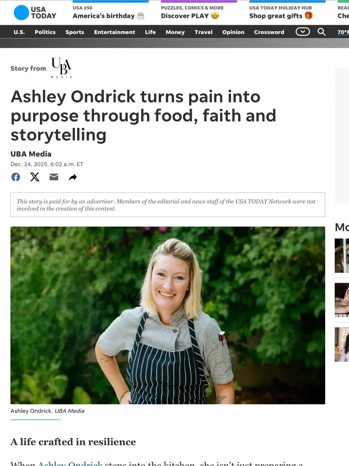 Incredibly honored to have been featured in @usatoday on Christmas Eve, as I begin the launch of my memoir, Speranza: How Pain Became the Path to Hope, @forefrontbooks April 7, 2026. Foreword by @drkellymccann 🤍 Thank you @rhondaswan and UBA media f