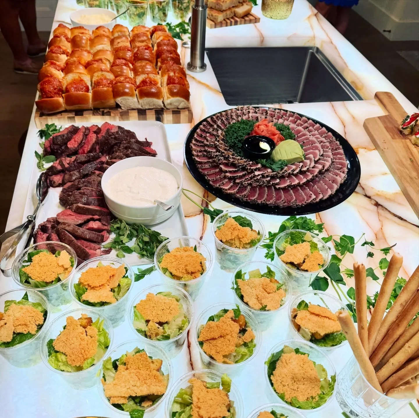 Main course for Saturday&rsquo;s baby shower in St. Pete

🌱Individual Caesar salads with brioche croutons &amp; parmesan crisps 
👶Meatball sliders 
⛳️Tenderloin with horseradish cream
🍼Sesame-crusted ahi tuna #privatechef #babyshowerideas #party #