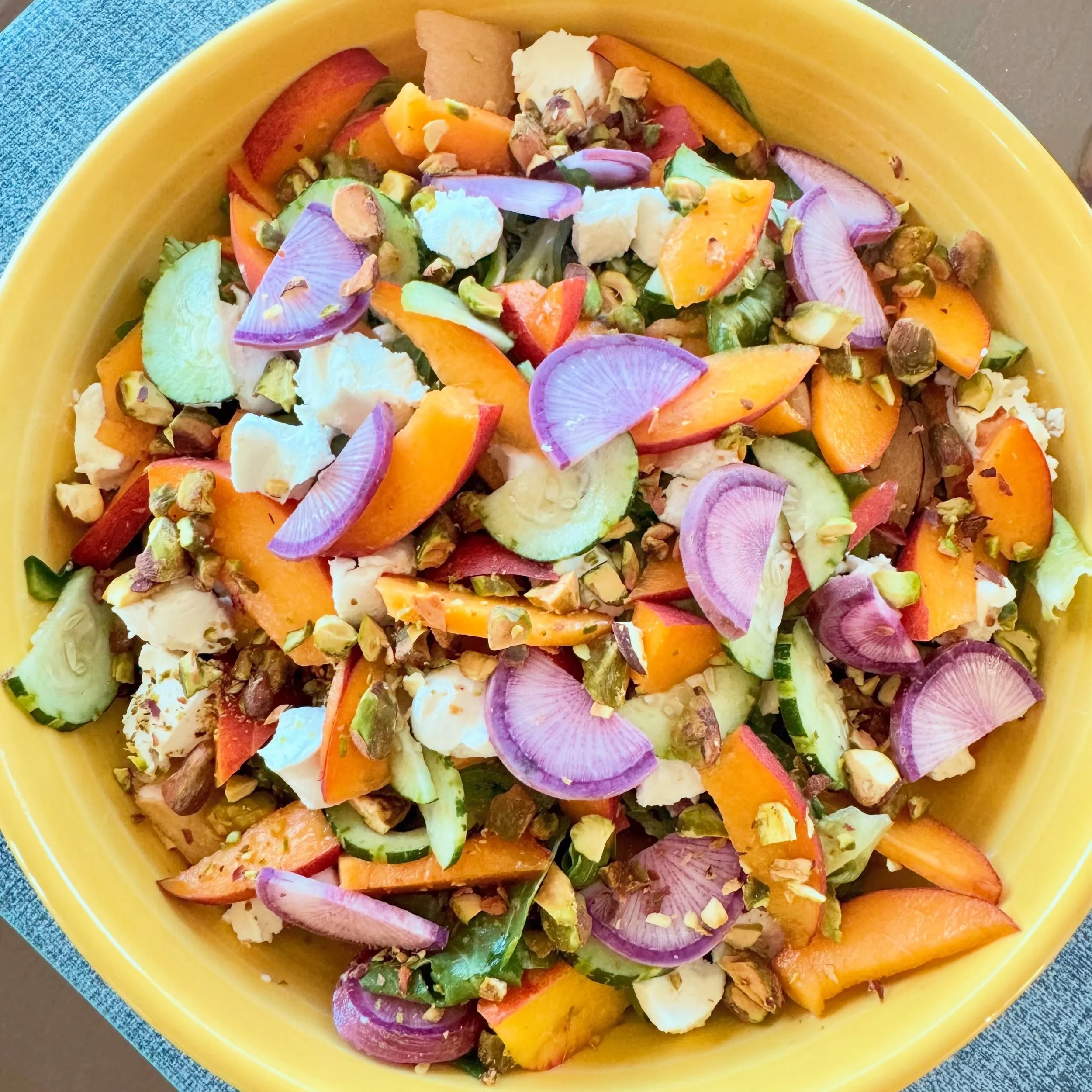 June means it&rsquo;s stone fruit season!! Apricots, plums, peaches &amp; nectarines are some of my favorite ingredients to build a salad around. This one was composed entirely from farmers market finds of purple ninja radishes, arugula, Persian cucu
