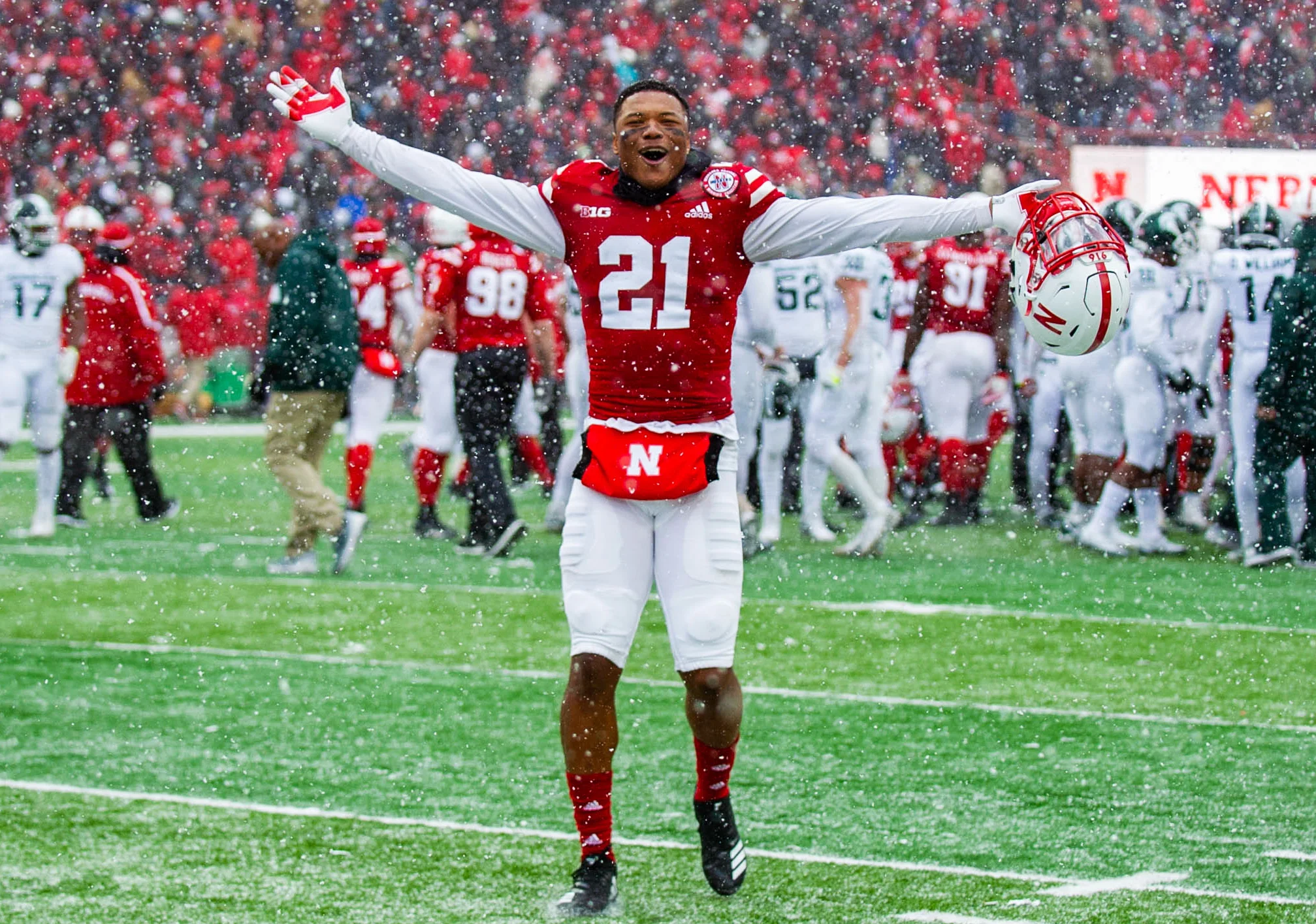  Nebraska cornerback Lamar Jackson relishes in the Huskers' 9-6 win over Michigan State in the snow at Memorial Stadium on Nov. 17, 2018. 