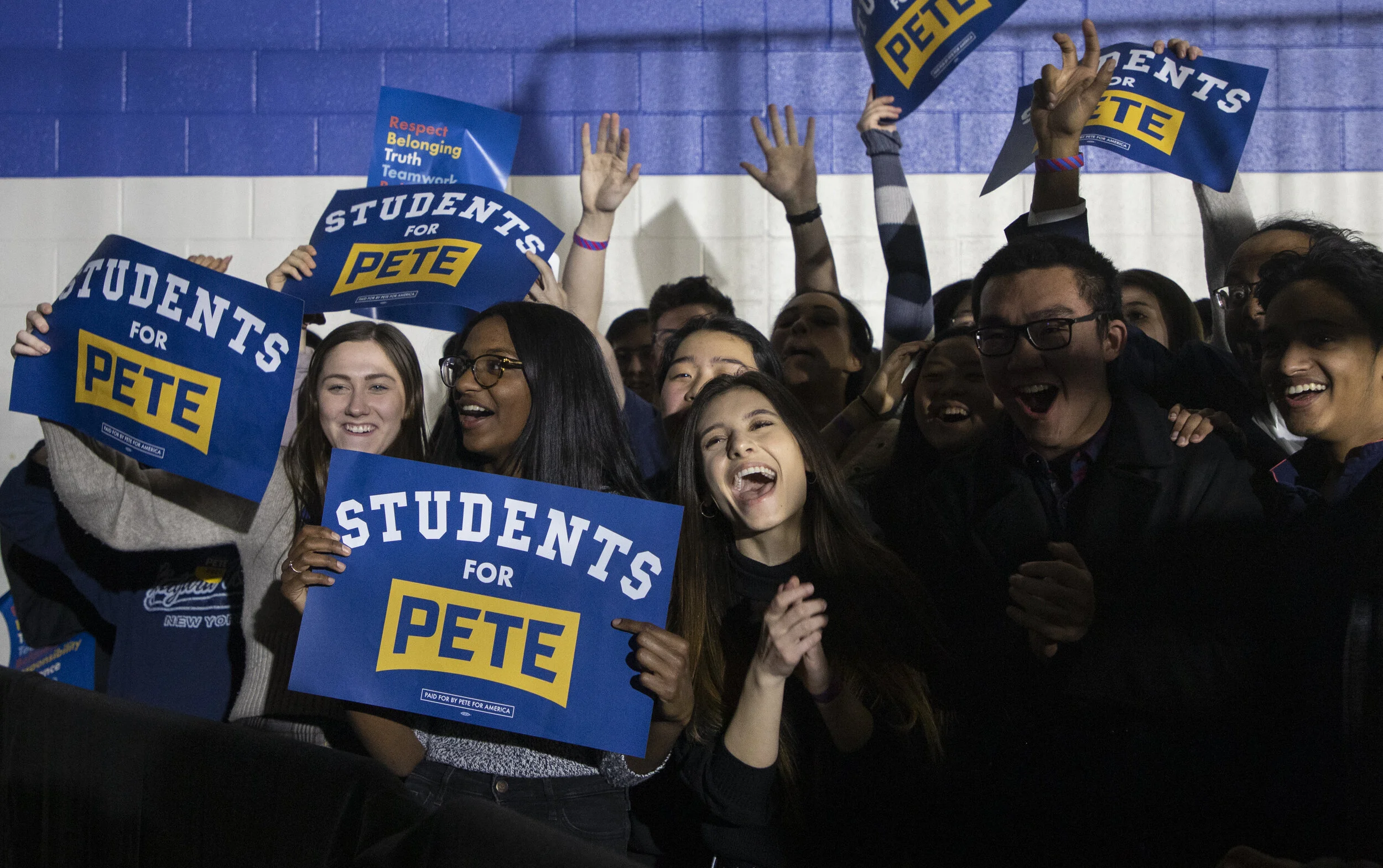  Pete Buttigieg supporters cheer his arrival during his speech following the Iowa Caucuses on Feb. 3, 2020.  