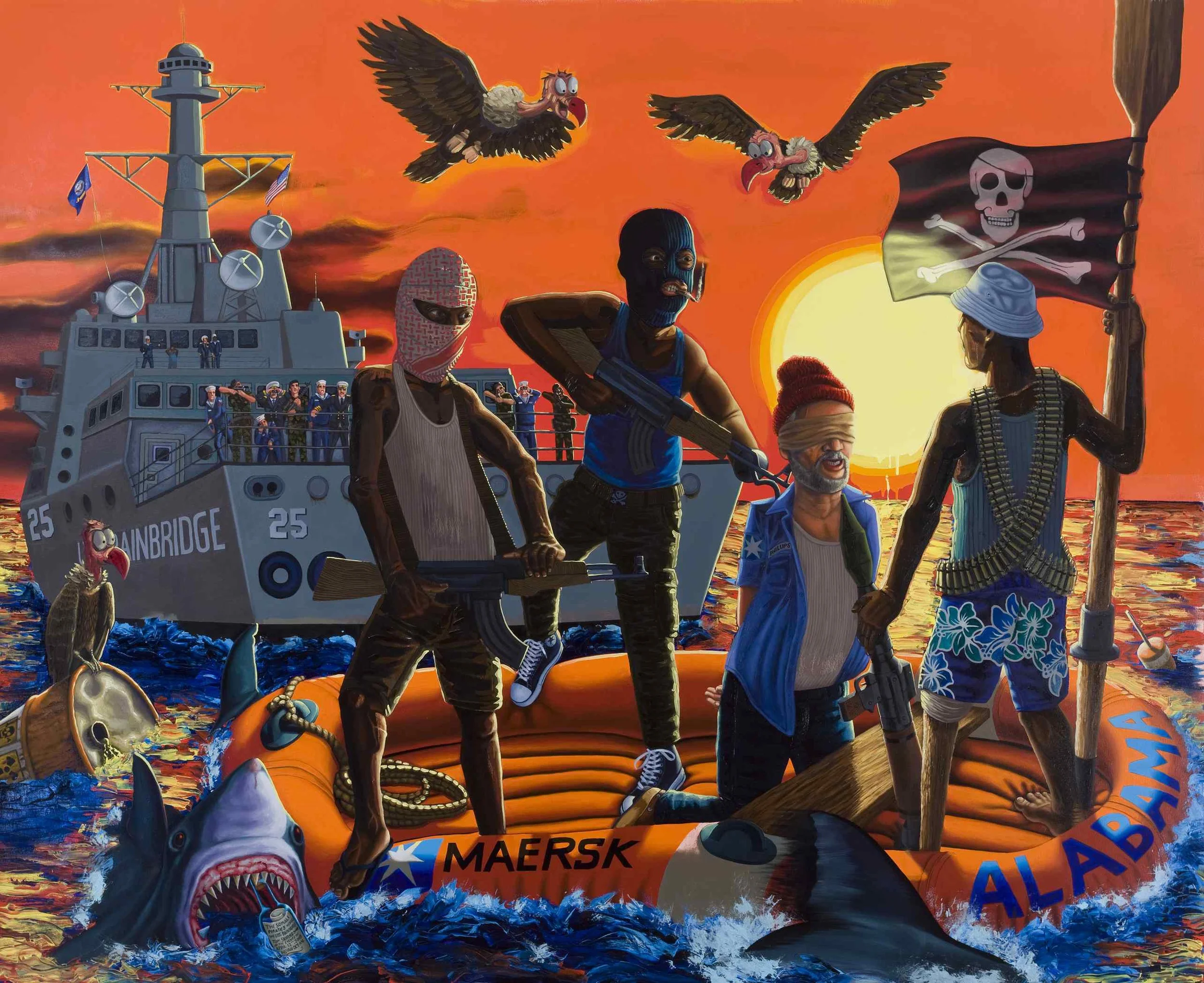 "The Somali Pirates vs. The USS Bainbrigde" 2009, oil on canvas, 84" x 96"