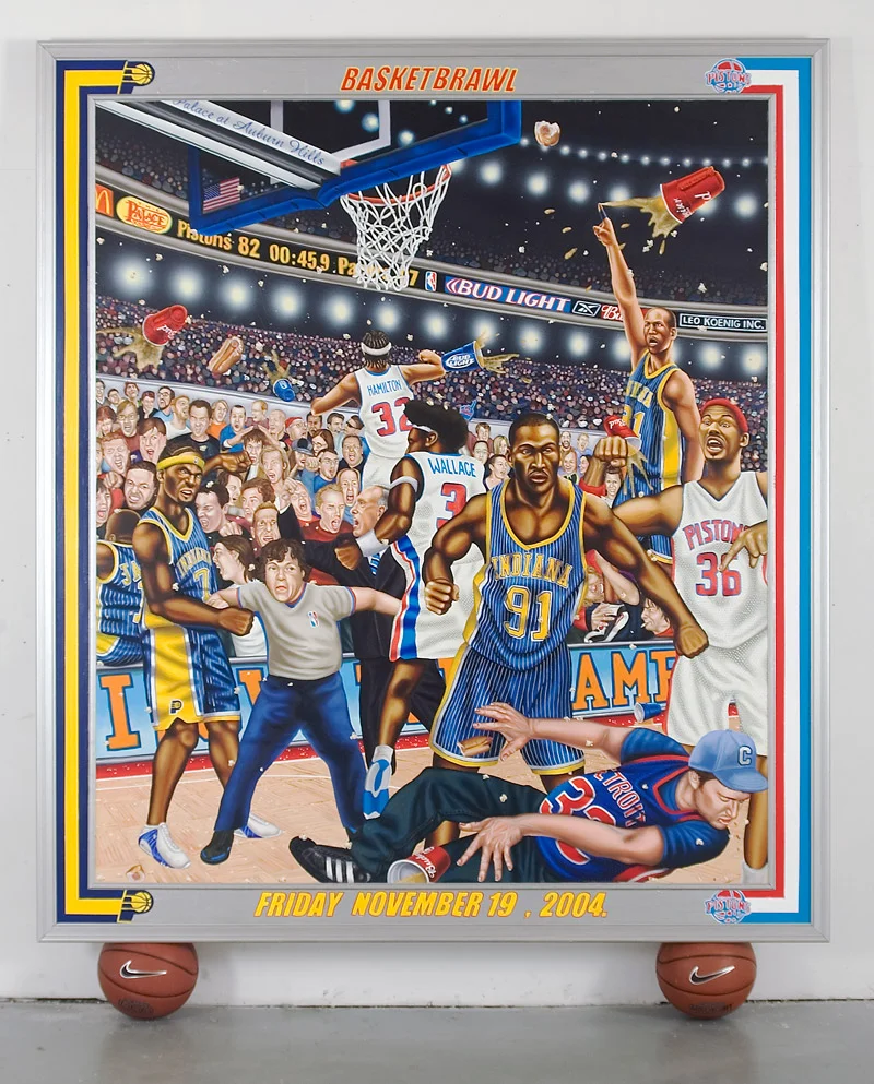 "BasketBrawl," 2004, oil on canvas with basketballs, 100" x 60"