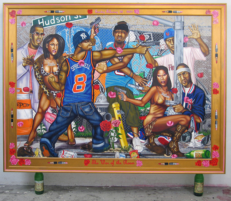  This painting depicts the February 27th 2001  shot out  that occurred in front of the Hot 97 radio station in New York City. Typical to his work, Sanford’s  version of events  as shown in this painting is far from  accurate  as several of the  rappe