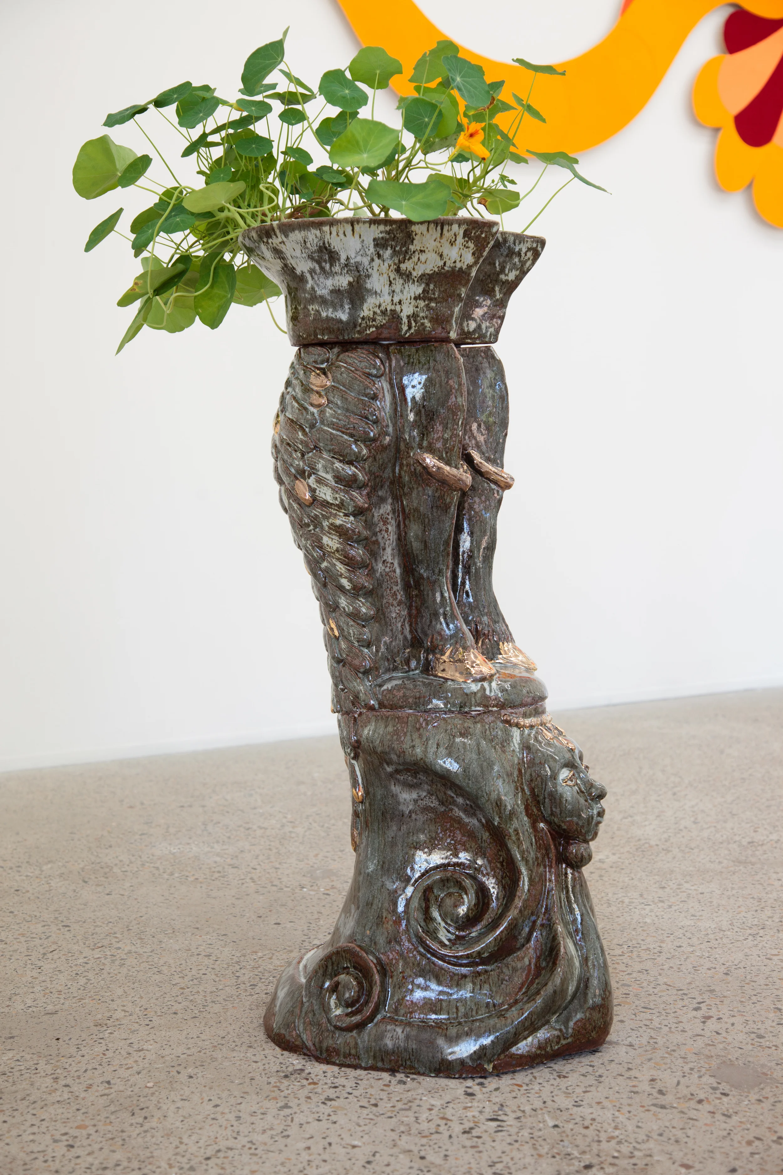 Goat Flower Pot, hand built cermic, stoneware glaze, gold lustre, nasturtiums, 100cm x 40cm x 30cm