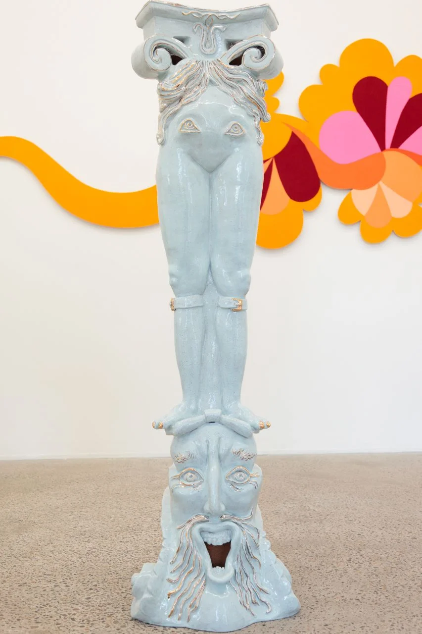 Three Legged Column, hand built ceramic, chun glaze, gold lustre, 155cm x 50cm x 45cm