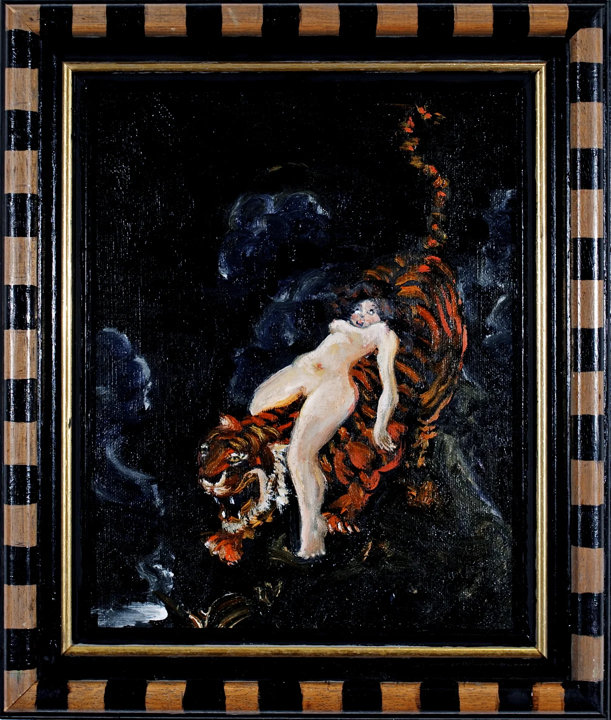 Girl on Tiger, oil on canvas and frame