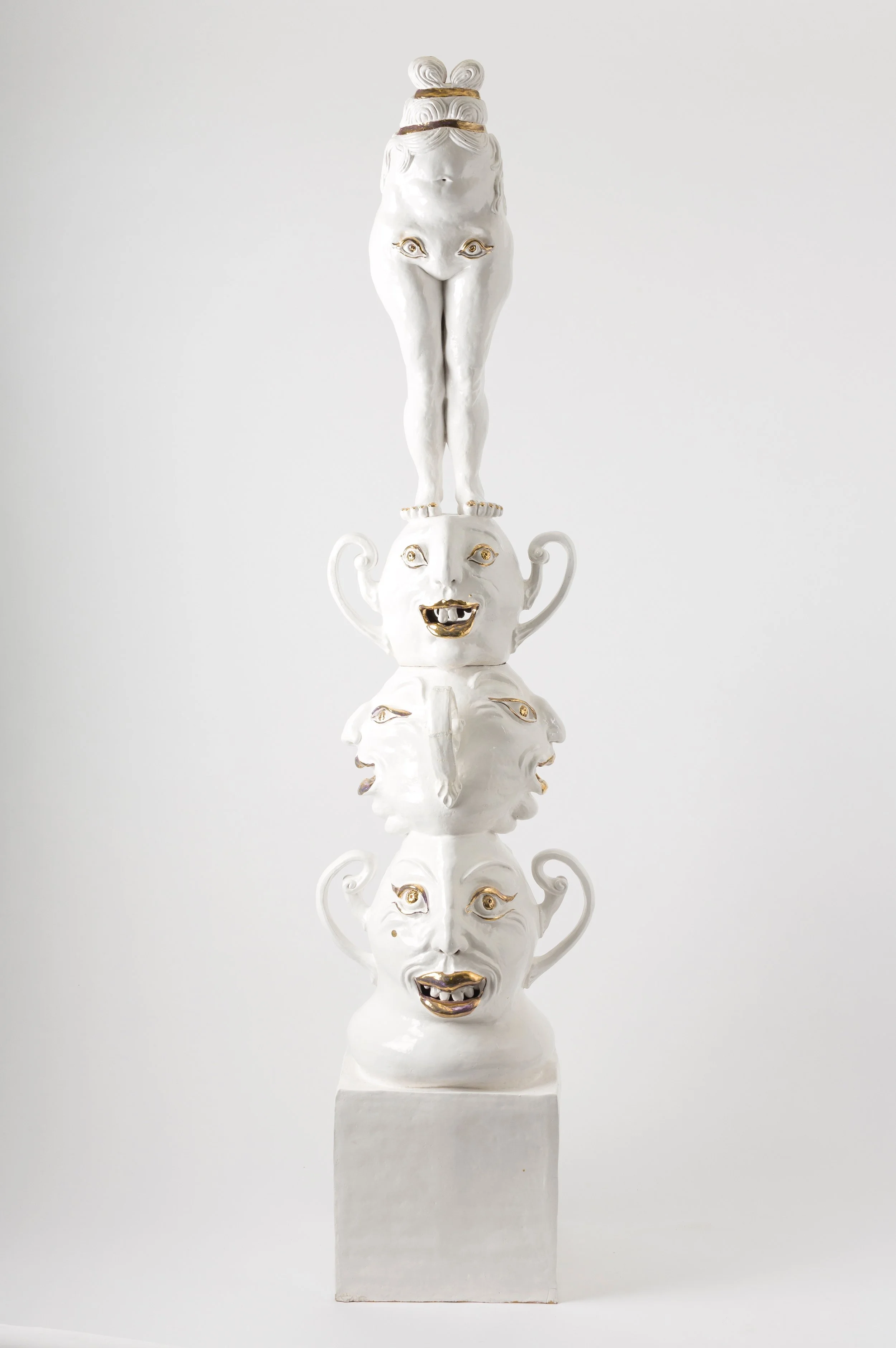 Boubo Sacred Fool, 2016 hand built buff raku, porcelain slip, glaze, gold lustre, photo: Jessica Maurer