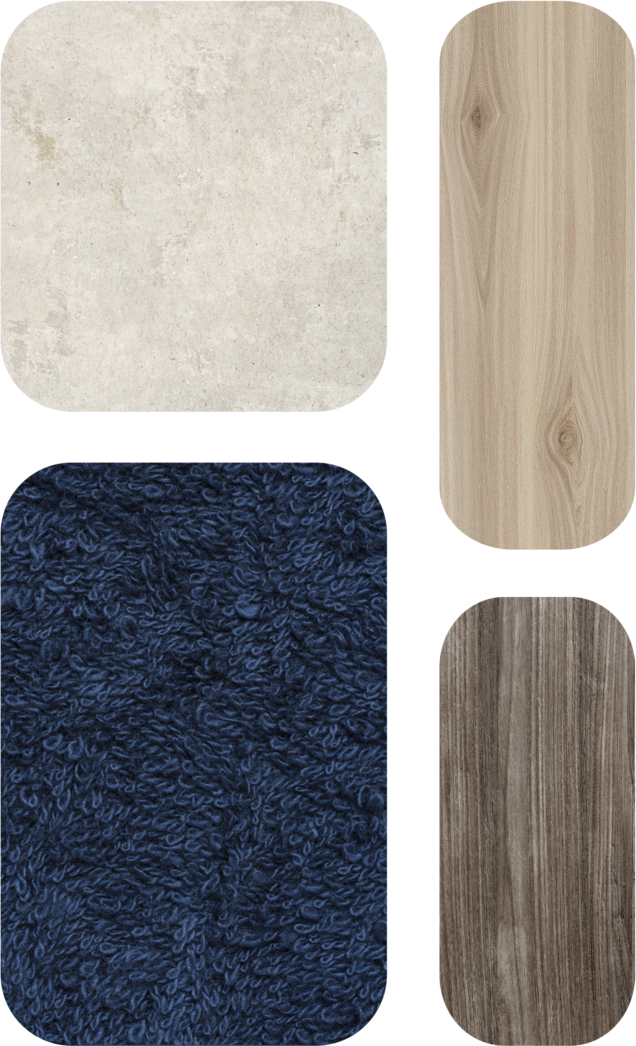 Four different flooring samples: beige concrete tile, light wood, dark blue shag carpet, and medium brown wood.