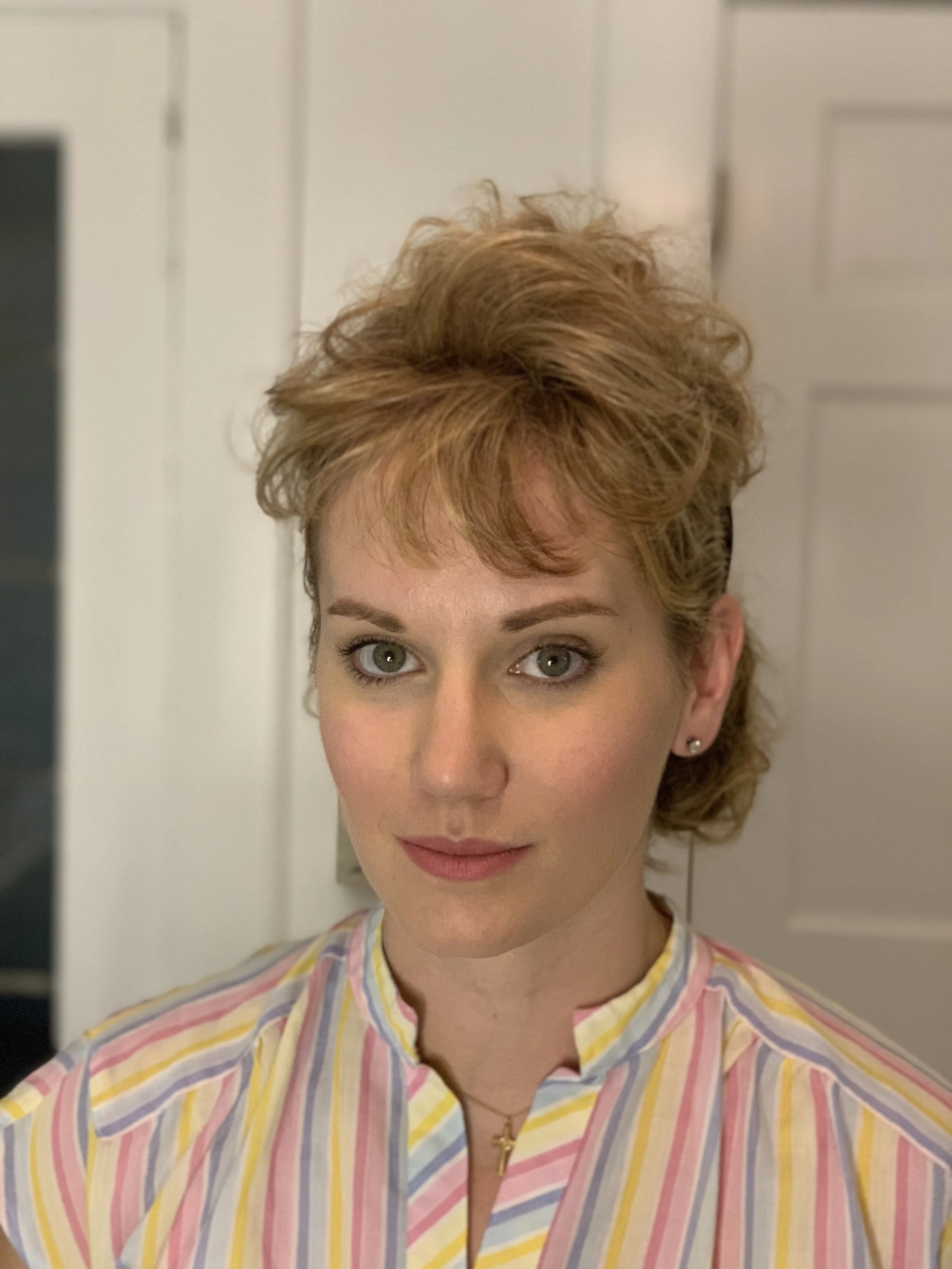 Character Makeup for “Diabolical” Season 2. Created to mimic a very 80s style updo from a reference photo of the original person. Actress had long hair so some cheats were made to mimic a shorter style.