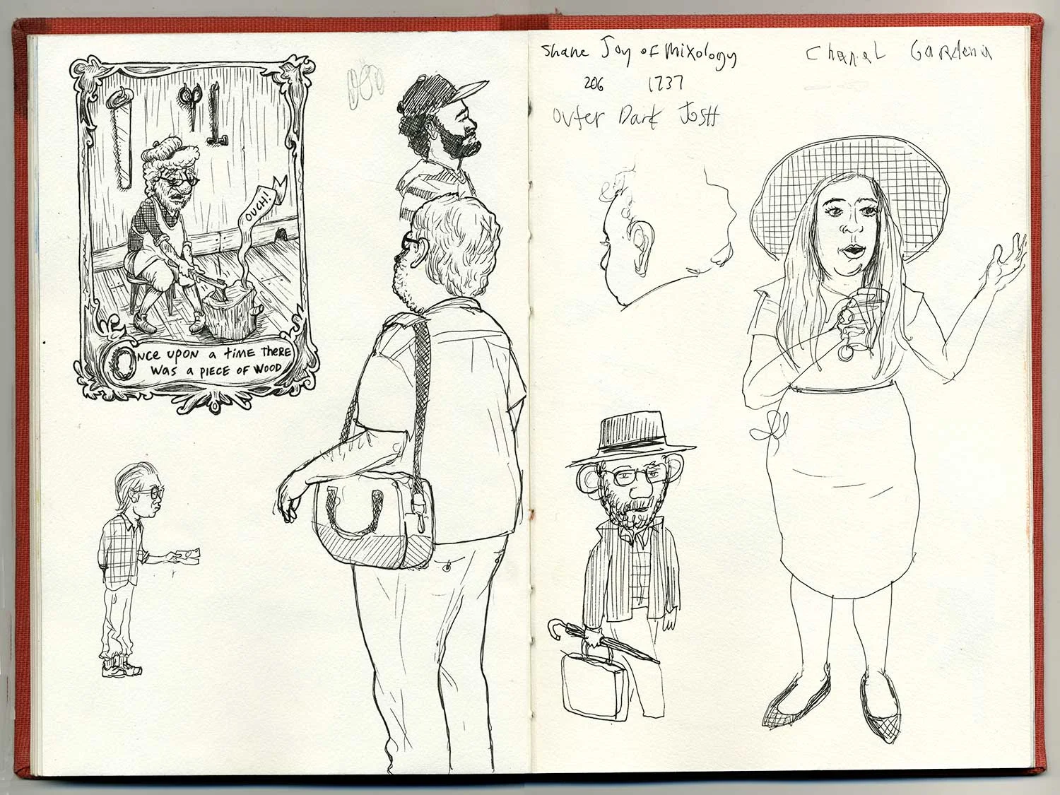Upper left drawing depicts the opening lines of Carlo Collodi's Pinocchio