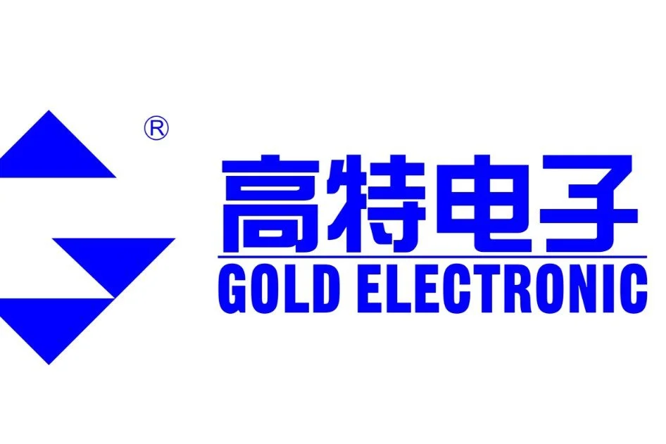 Logo with a blue geometric symbol on the left and Chinese characters above 'GOLD ELECTRONIC' in bold blue letters on the right.