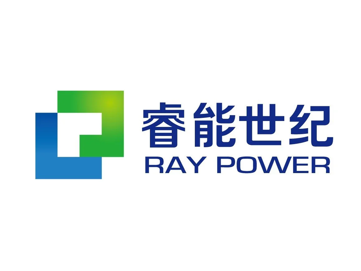 Logo with three overlapping squares in blue, green, and light green, and Chinese characters alongside the words 'RAY POWER'.