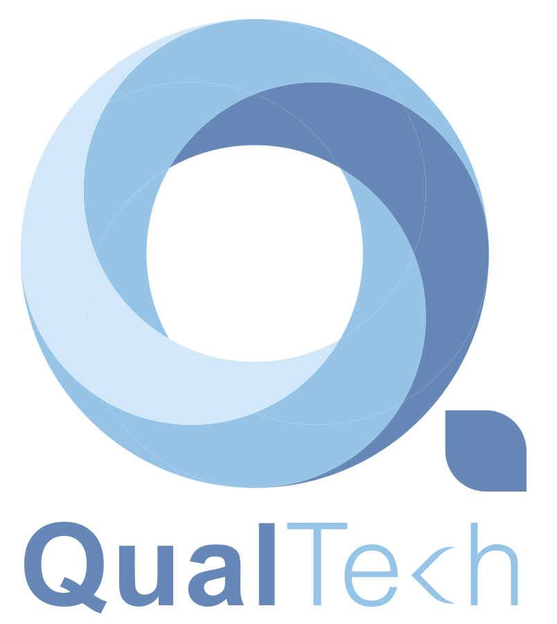 Logo with overlapping circles forming a spherical shape in shades of blue and the text "QualTech" below.