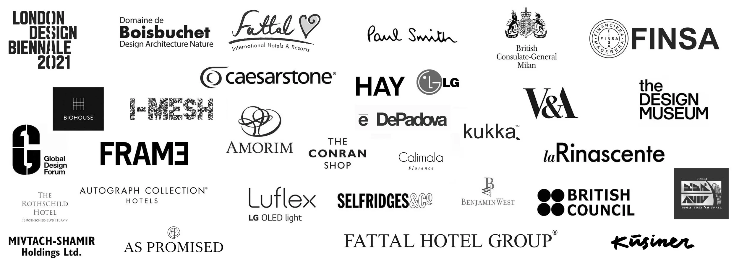 A collage of various logos and brand names related to the 2021 London Design Biennale, including design firms, hotels, cultural institutions, and sponsors.