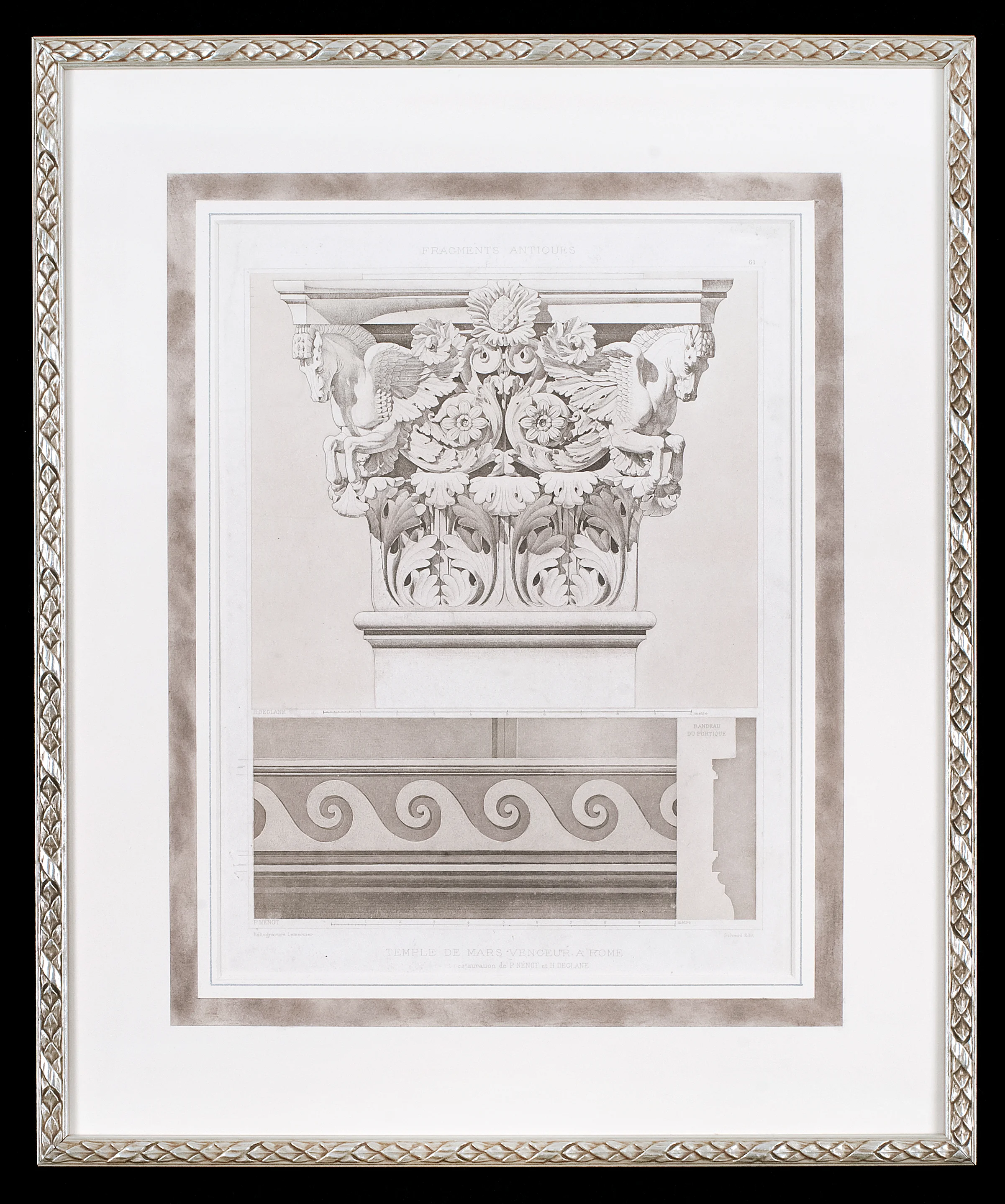  This antique architectural design print is hinge mounted to a rag mat that has been hand painted with a decorative panel. Museum glass both protects the print from ultra violet light and is anti- reflective allowing for clear viewing. The frame is silver with an antique pattern. Photo Credit: Elizabeth LaJeunesse .